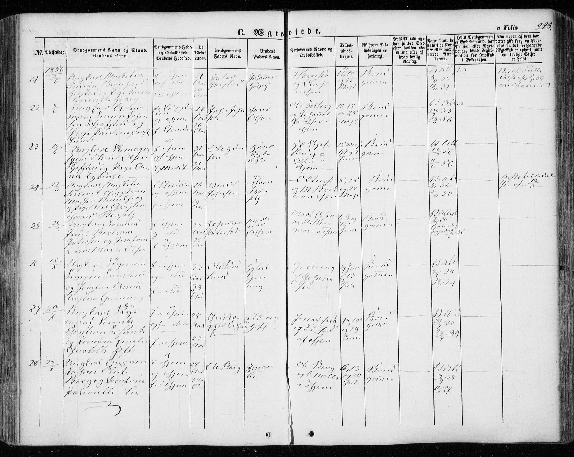 Ministerialprotokoller, klokkerbøker og fødselsregistre - Sør-Trøndelag, SAT/A-1456/601/L0051: Parish register (official) no. 601A19, 1848-1857, p. 323
