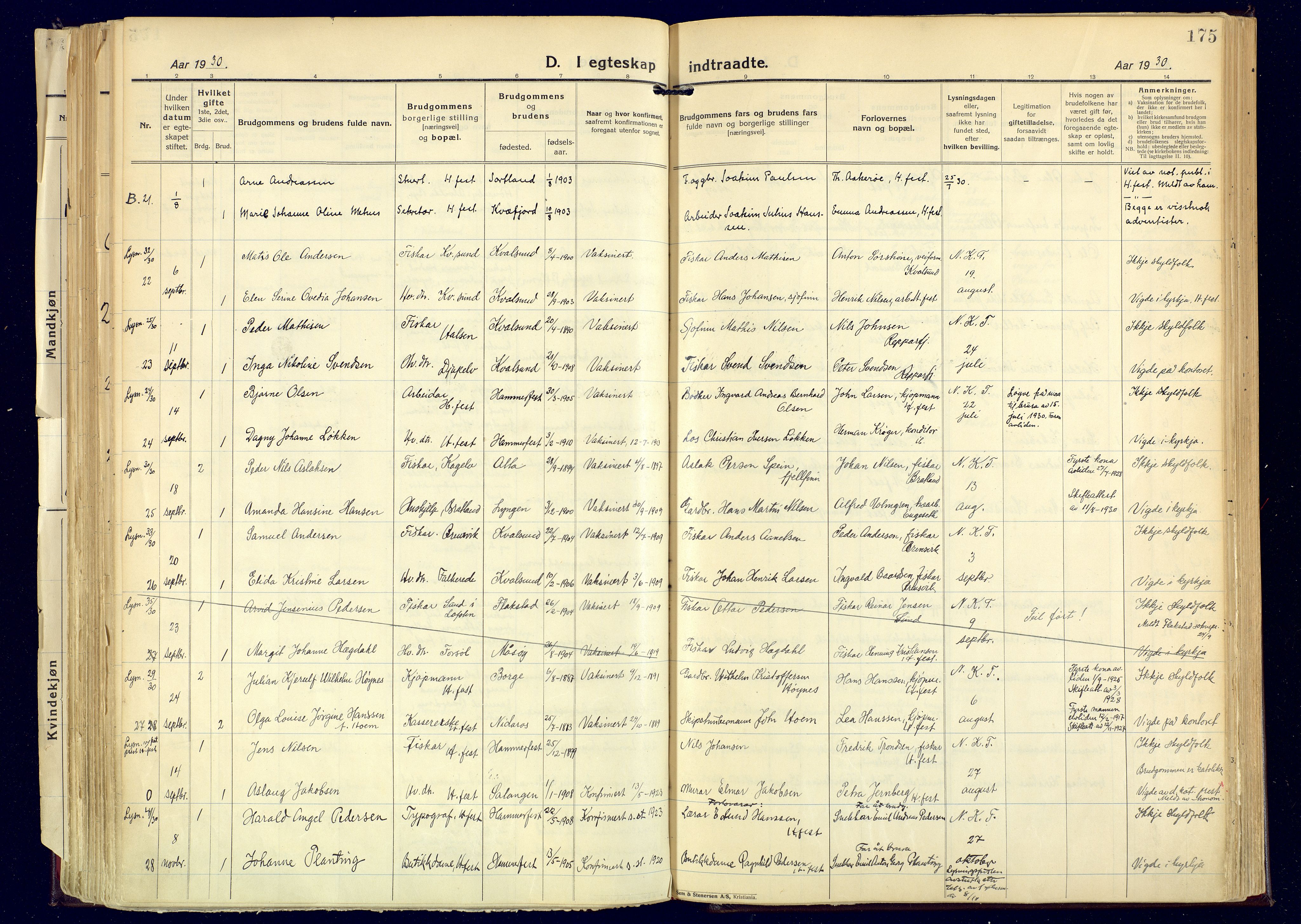 Hammerfest sokneprestkontor, AV/SATØ-S-1347/H/Ha/L0017.kirke: Parish register (official) no. 17, 1923-1933, p. 175