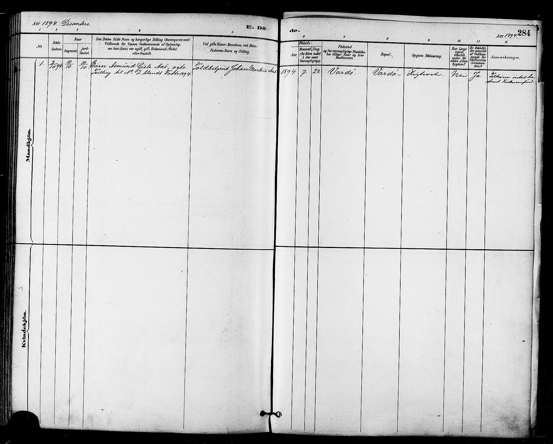 Vardø sokneprestkontor, SATØ/S-1332/H/Ha/L0007kirke: Parish register (official) no. 7, 1886-1897, p. 284