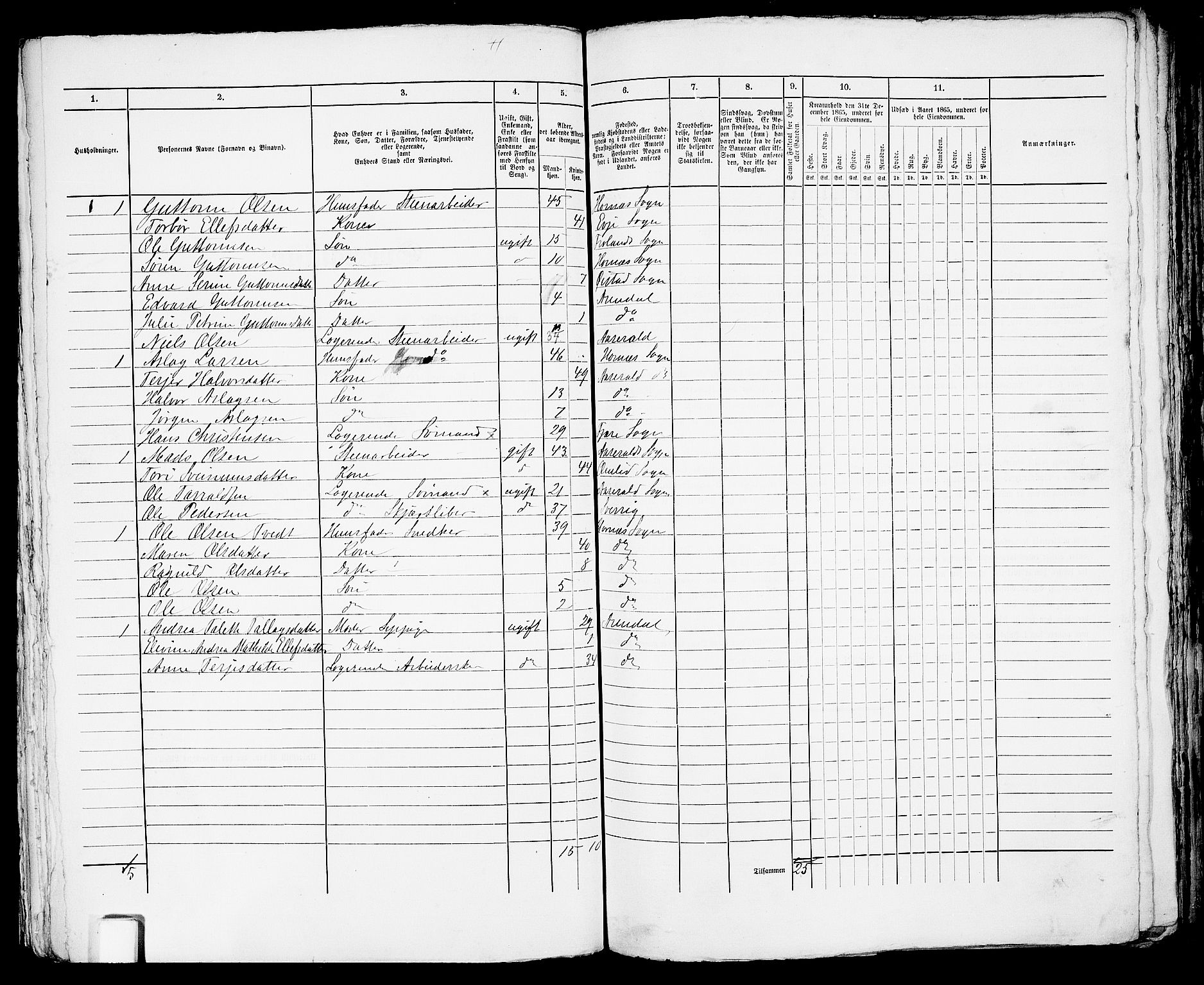 RA, 1865 census for Arendal, 1865, p. 455