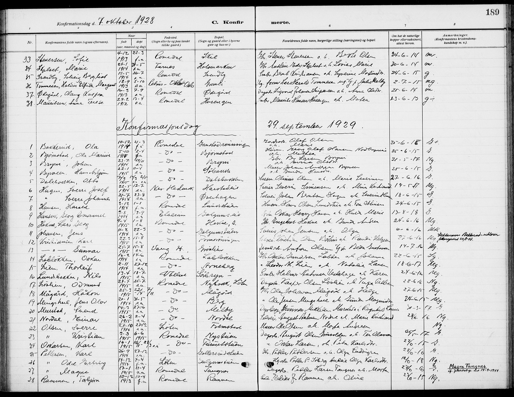 Romedal prestekontor, AV/SAH-PREST-004/K/L0012: Parish register (official) no. 12, 1913-1935, p. 189