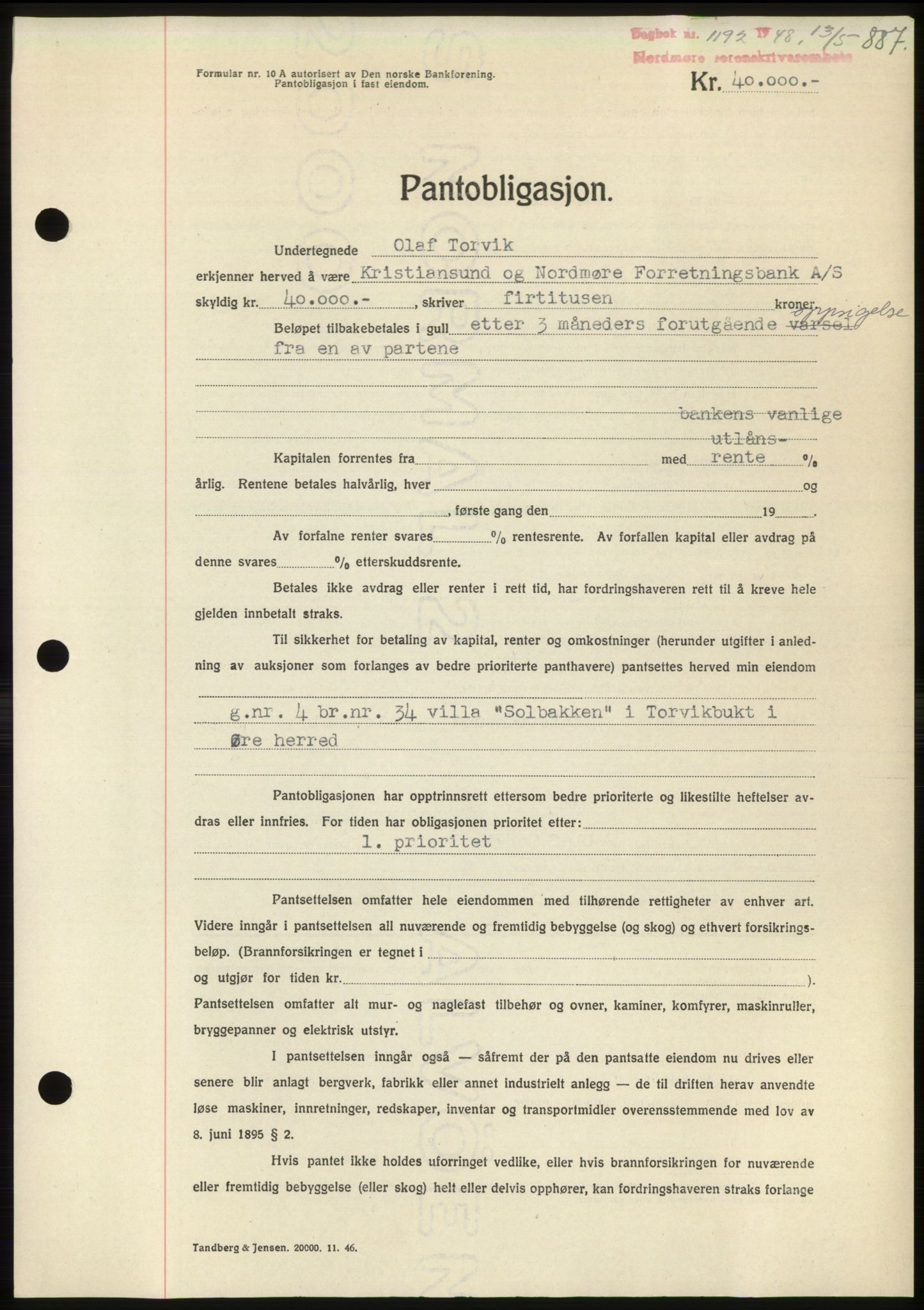 Nordmøre sorenskriveri, AV/SAT-A-4132/1/2/2Ca: Mortgage book no. B98, 1948-1948, Diary no: : 1192/1948