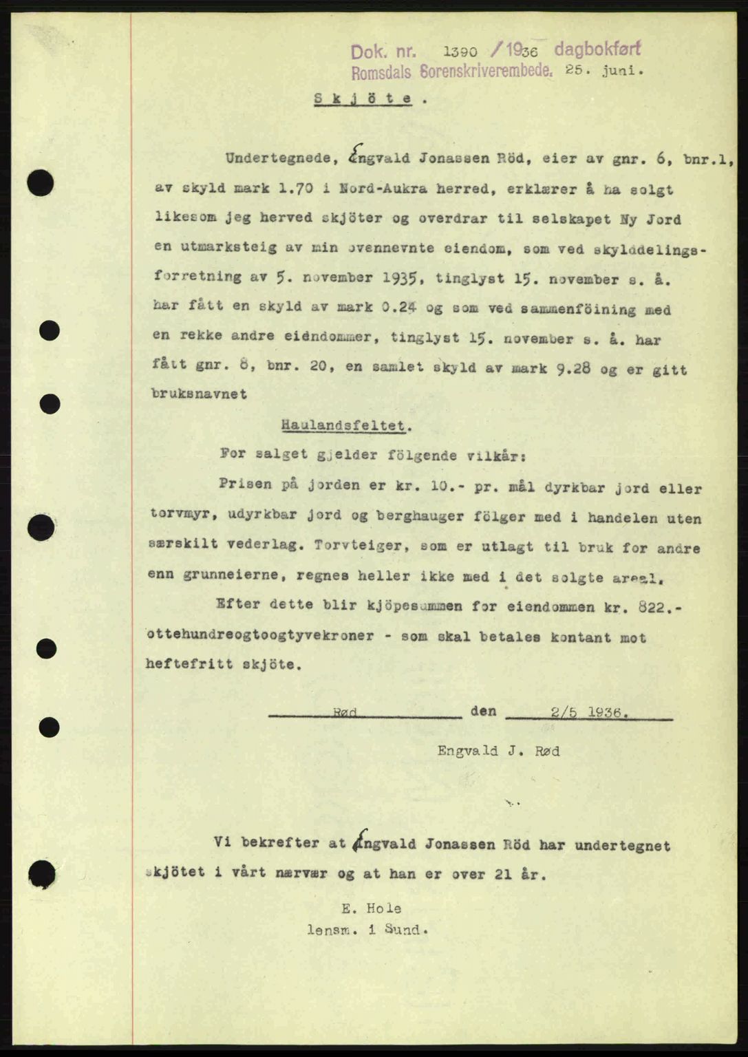 Romsdal sorenskriveri, AV/SAT-A-4149/1/2/2C: Mortgage book no. A1, 1936-1936, Diary no: : 1390/1936