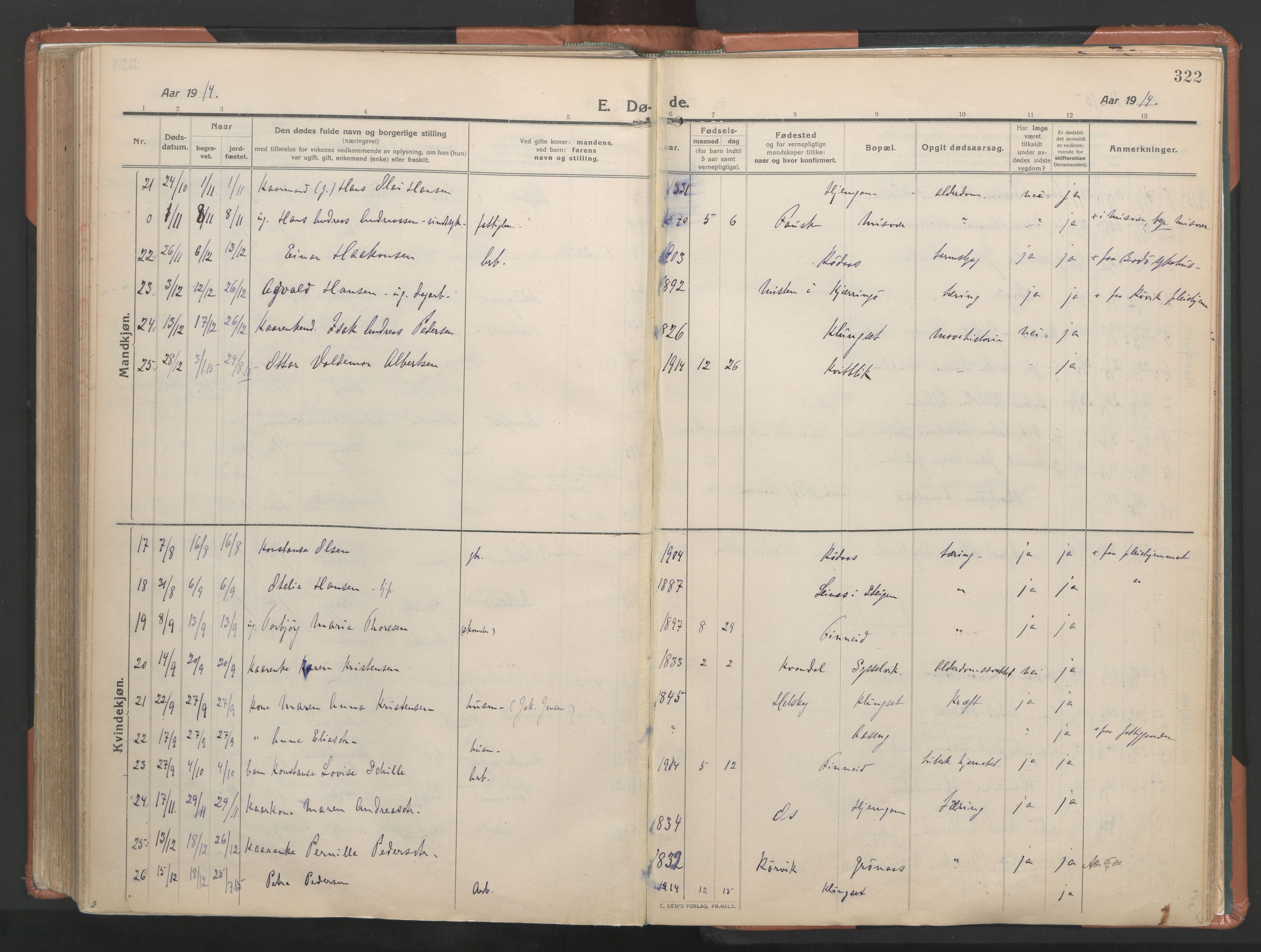 Ministerialprotokoller, klokkerbøker og fødselsregistre - Nordland, AV/SAT-A-1459/849/L0698: Parish register (official) no. 849A09, 1911-1924, p. 322