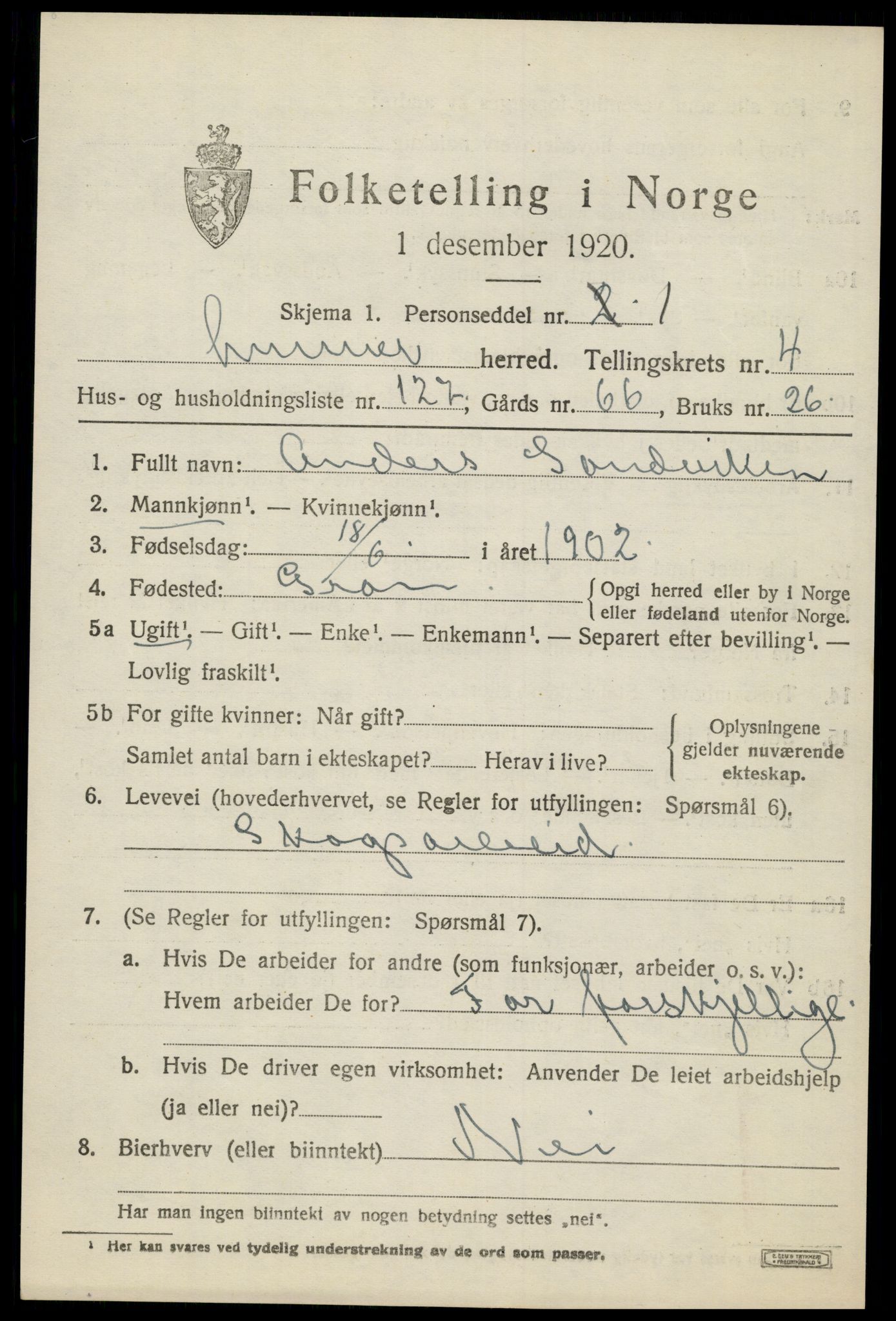 SAH, 1920 census for Lunner, 1920, p. 6739