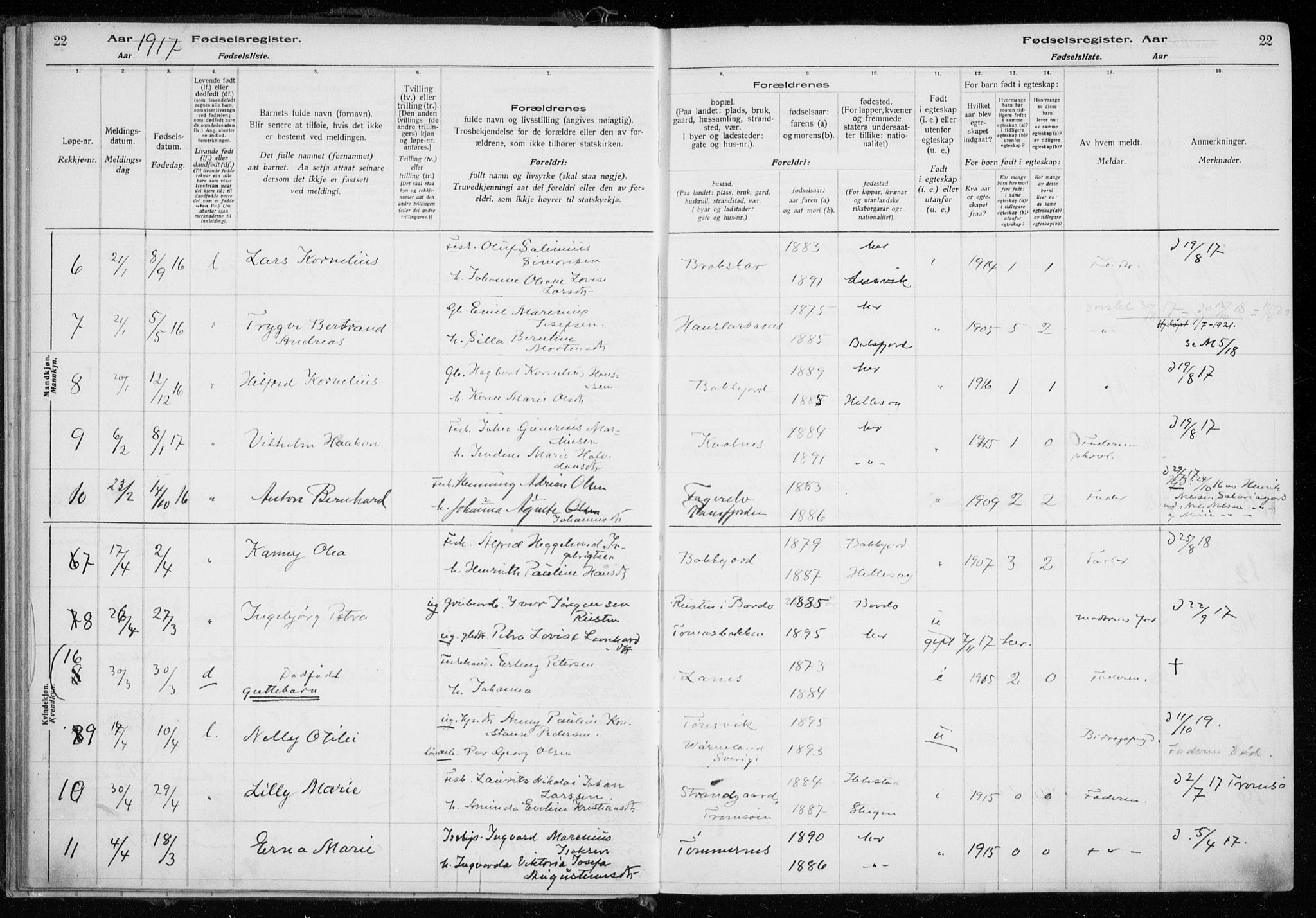 Tromsøysund sokneprestkontor, AV/SATØ-S-1304/H/Ha/L0079: Birth register no. 79, 1916-1924, p. 22