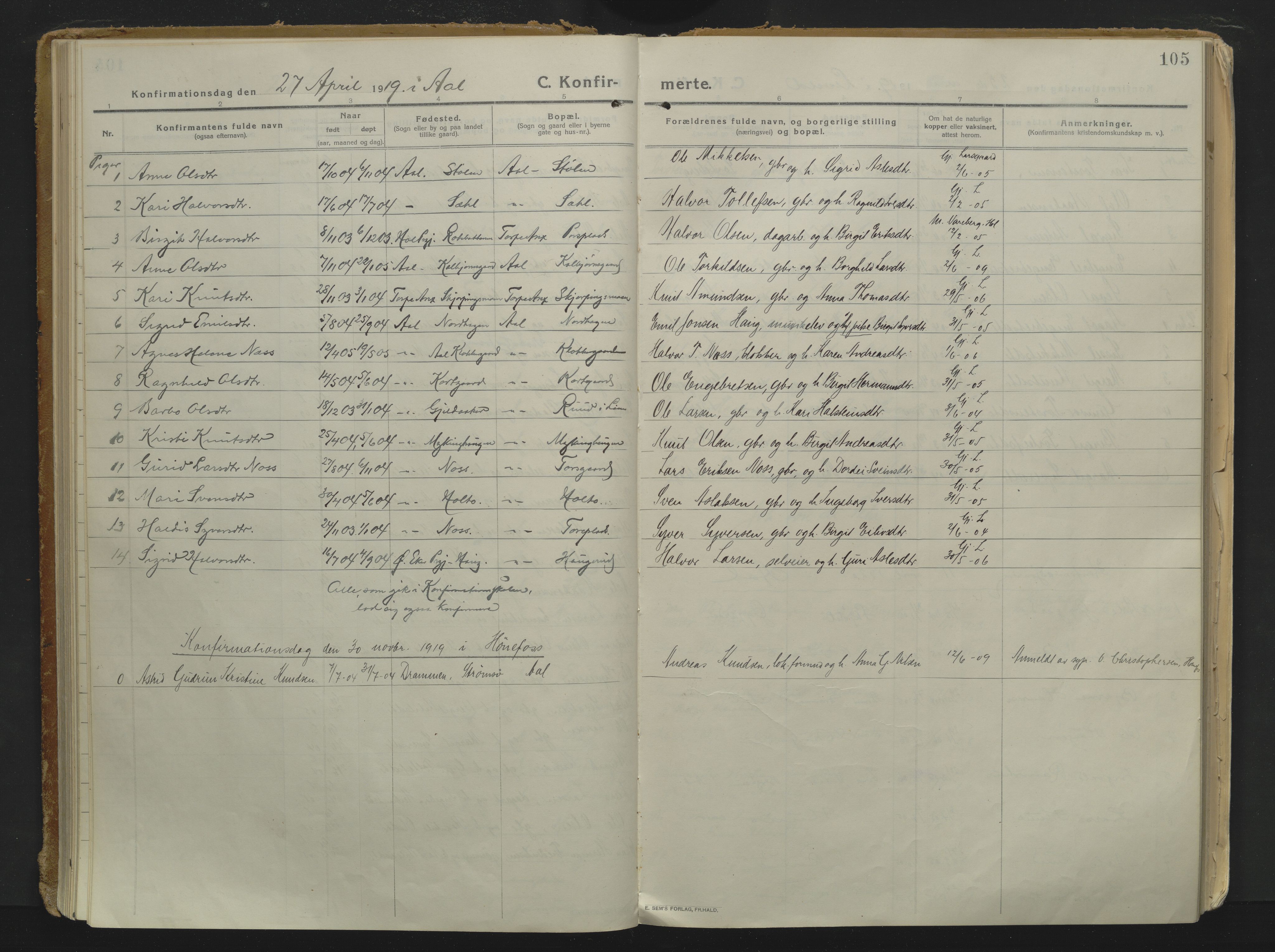 Ål kirkebøker, AV/SAKO-A-249/F/Fa/L0010: Parish register (official) no. I 10, 1915-1934, p. 105