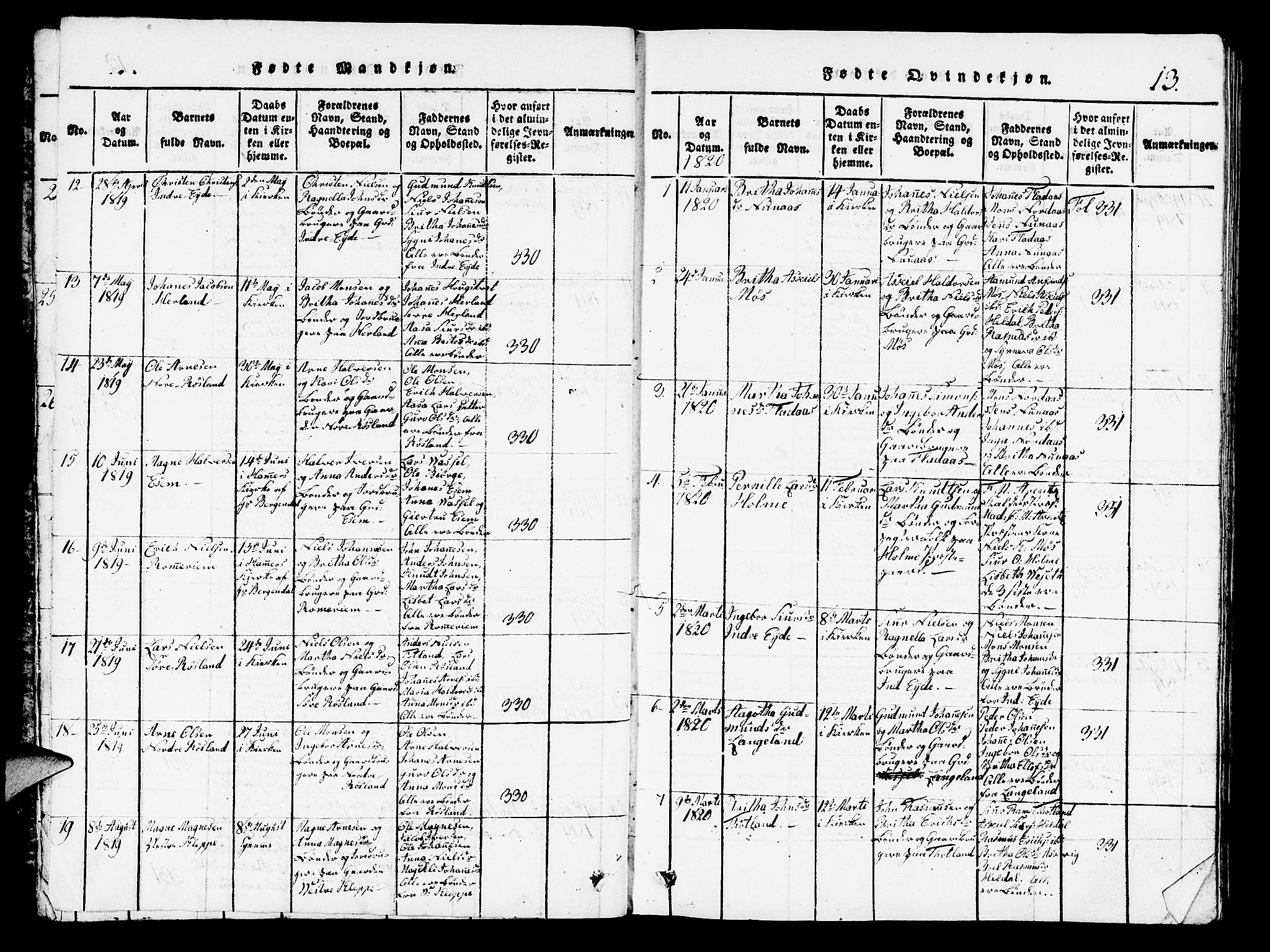 Hosanger sokneprestembete, AV/SAB-A-75801/H/Hab: Parish register (copy) no. A 1 /1, 1816-1856, p. 13