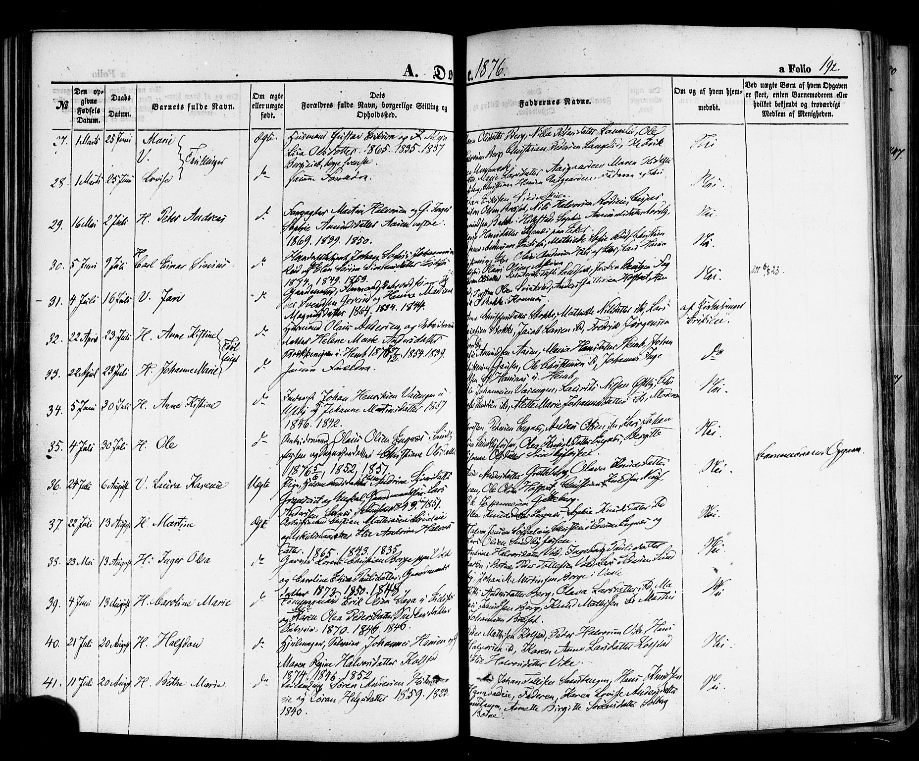 Hof kirkebøker, AV/SAKO-A-64/F/Fa/L0006: Parish register (official) no. I 6, 1851-1877, p. 192