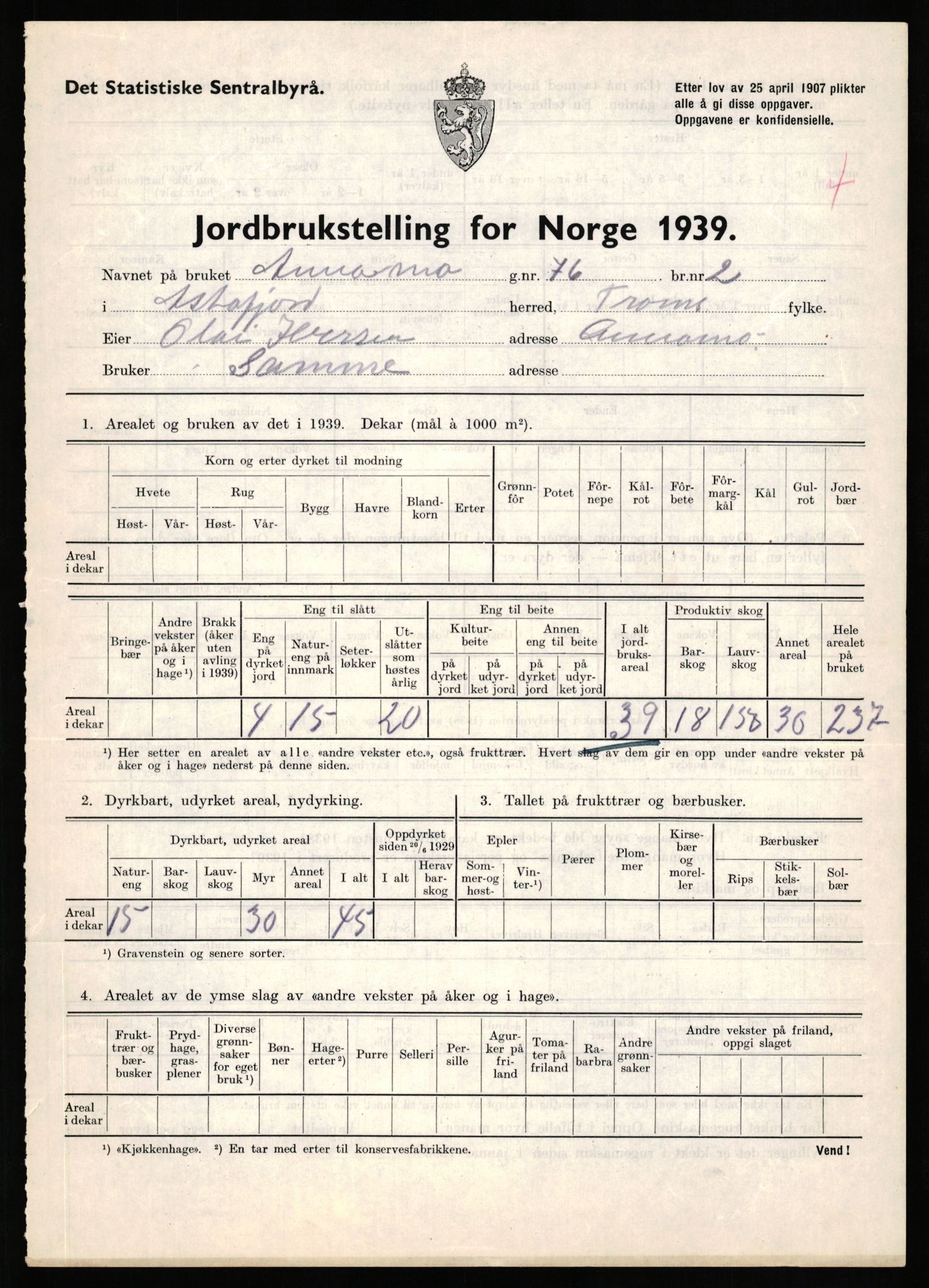 Statistisk sentralbyrå, Næringsøkonomiske emner, Jordbruk, skogbruk, jakt, fiske og fangst, AV/RA-S-2234/G/Gb/L0339: Troms: Andørja, Astafjord og Lavangen, 1939, p. 294