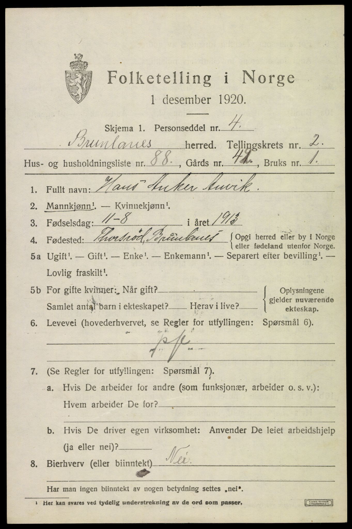 SAKO, 1920 census for Brunlanes, 1920, p. 4485