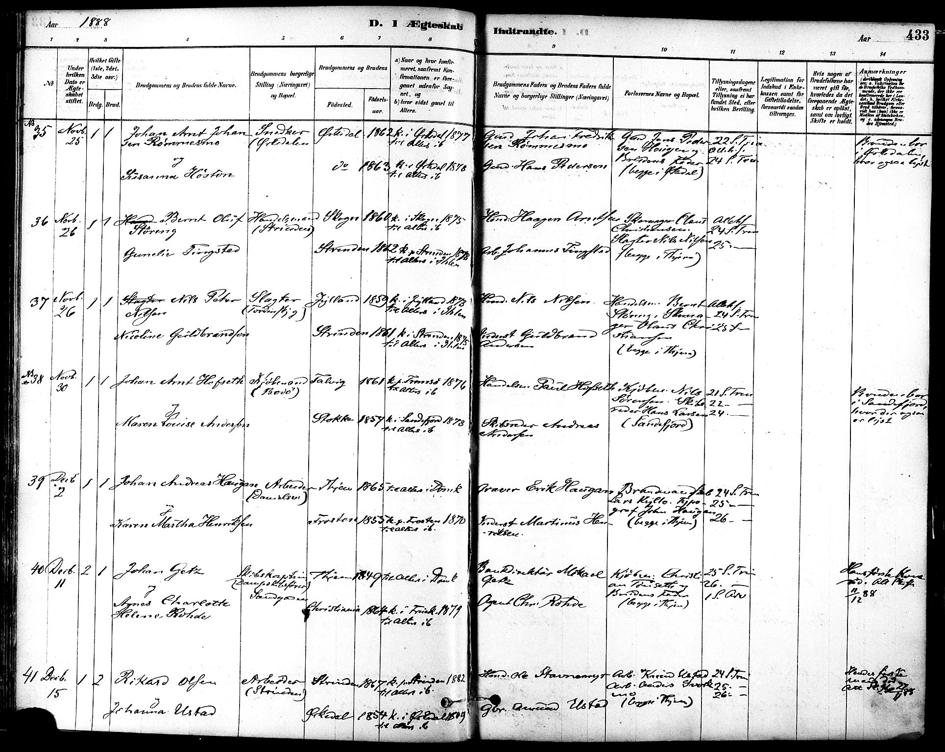 Ministerialprotokoller, klokkerbøker og fødselsregistre - Sør-Trøndelag, AV/SAT-A-1456/601/L0058: Parish register (official) no. 601A26, 1877-1891, p. 433