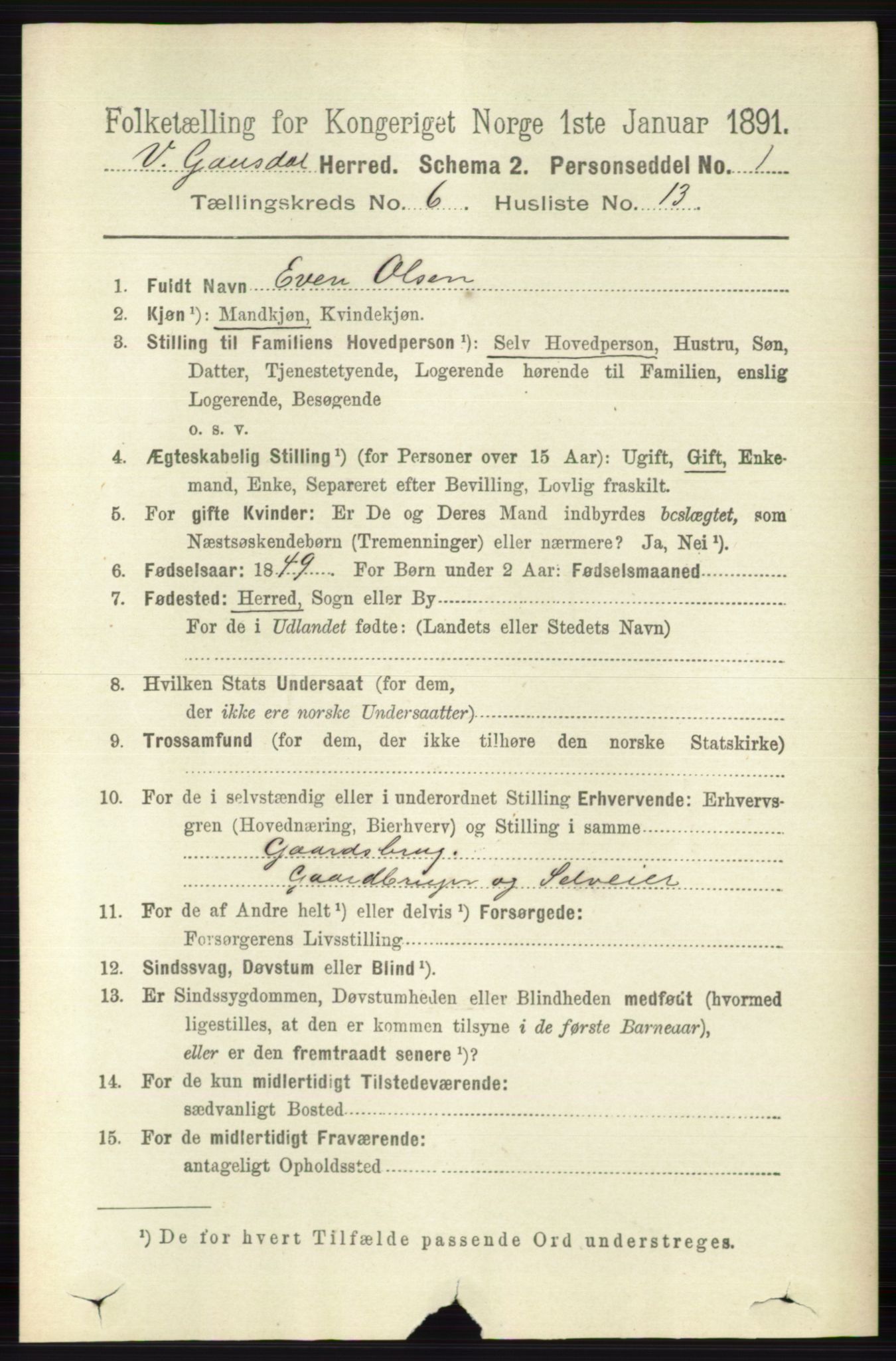 RA, 1891 census for 0523 Vestre Gausdal, 1891, p. 2636