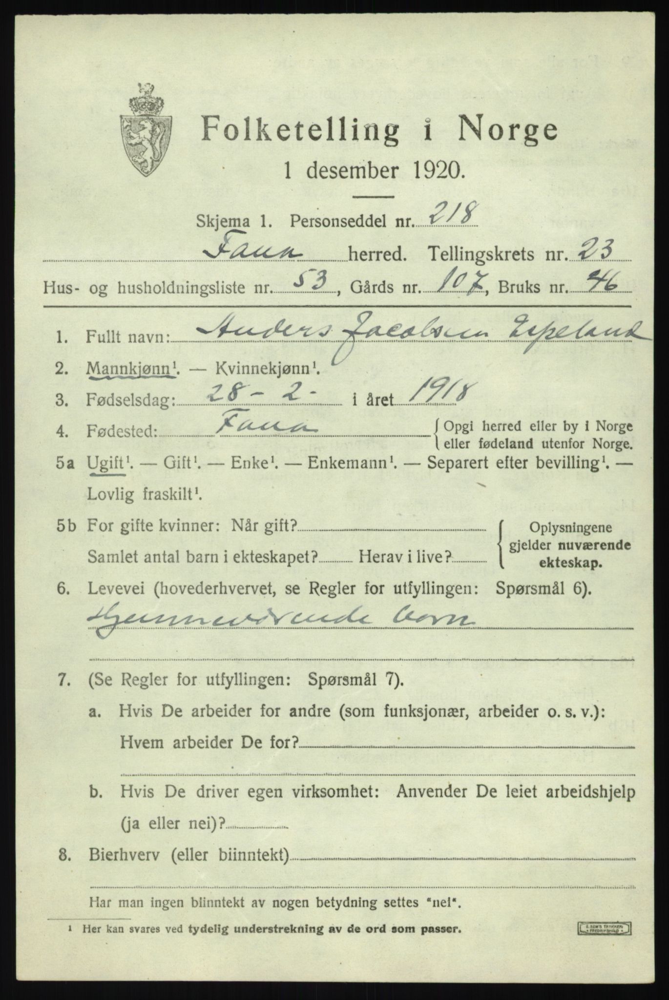 SAB, 1920 census for Fana, 1920, p. 26723