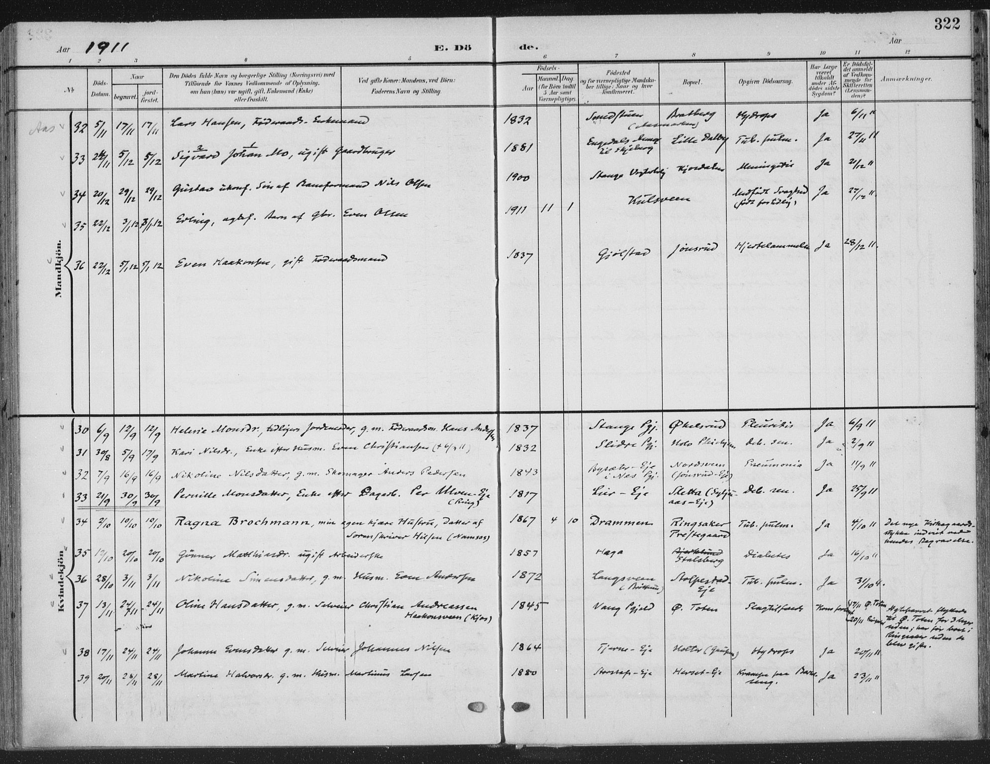 Ringsaker prestekontor, AV/SAH-PREST-014/K/Ka/L0018: Parish register (official) no. 18, 1903-1912, p. 322