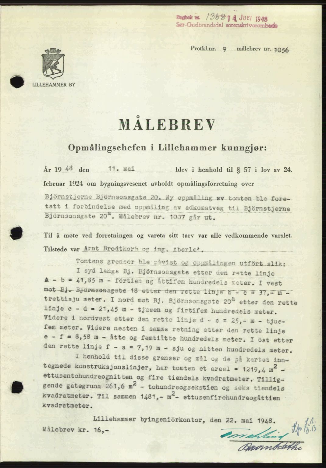 Sør-Gudbrandsdal tingrett, SAH/TING-004/H/Hb/Hbd/L0022: Mortgage book no. A22, 1948-1948, Diary no: : 1368/1948