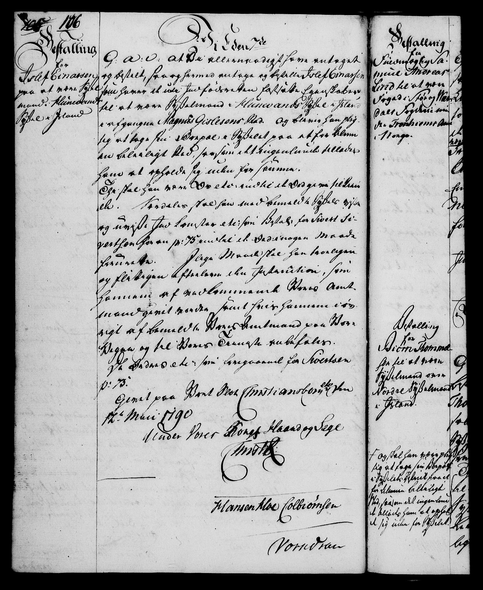 Rentekammeret, Kammerkanselliet, RA/EA-3111/G/Gg/Gge/L0006: Norsk bestallingsprotokoll med register (merket RK 53.30), 1773-1814, p. 106