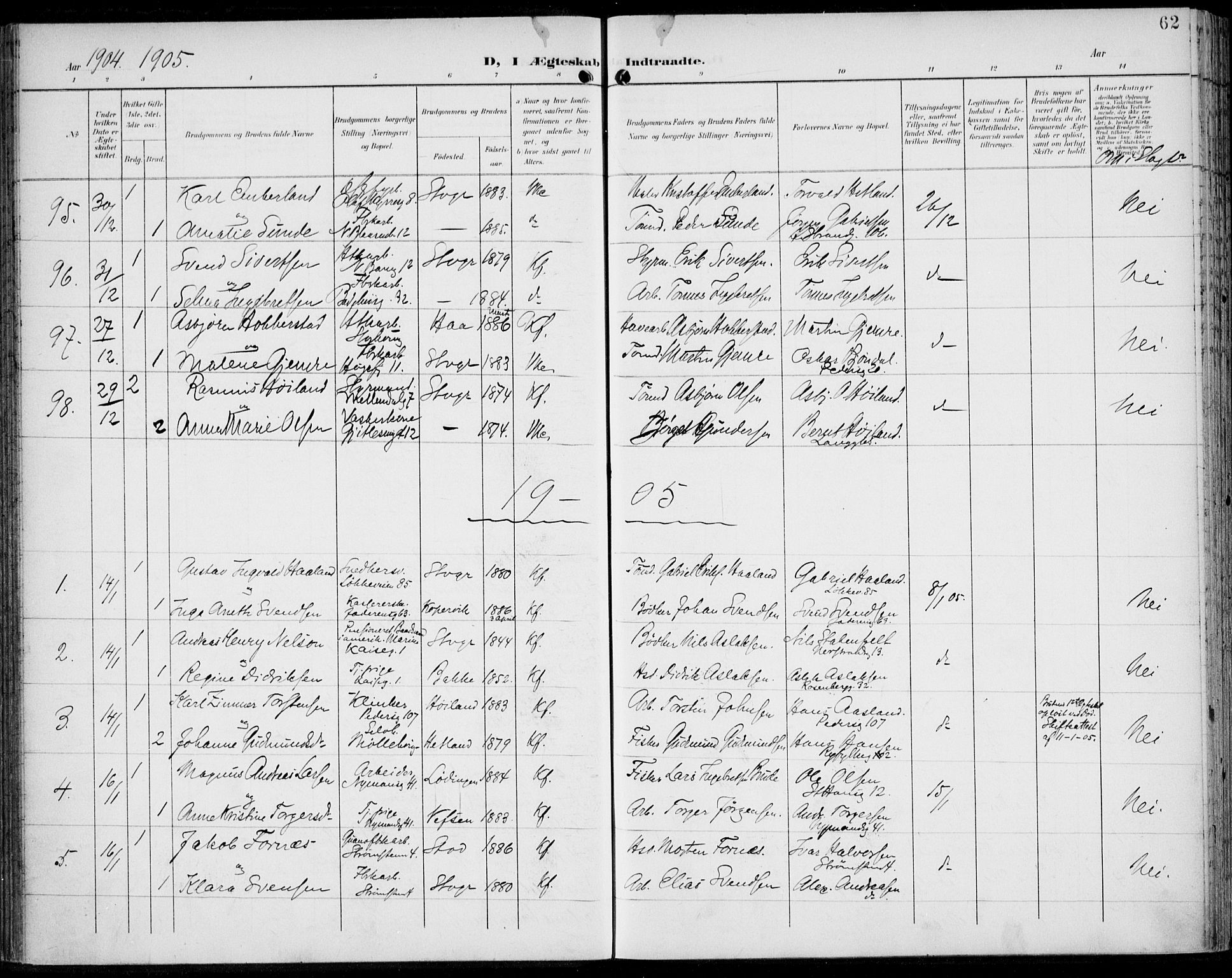 St. Johannes sokneprestkontor, AV/SAST-A-101814/002/B/L0001: Parish register (official) no. A 8, 1899-1917, p. 62