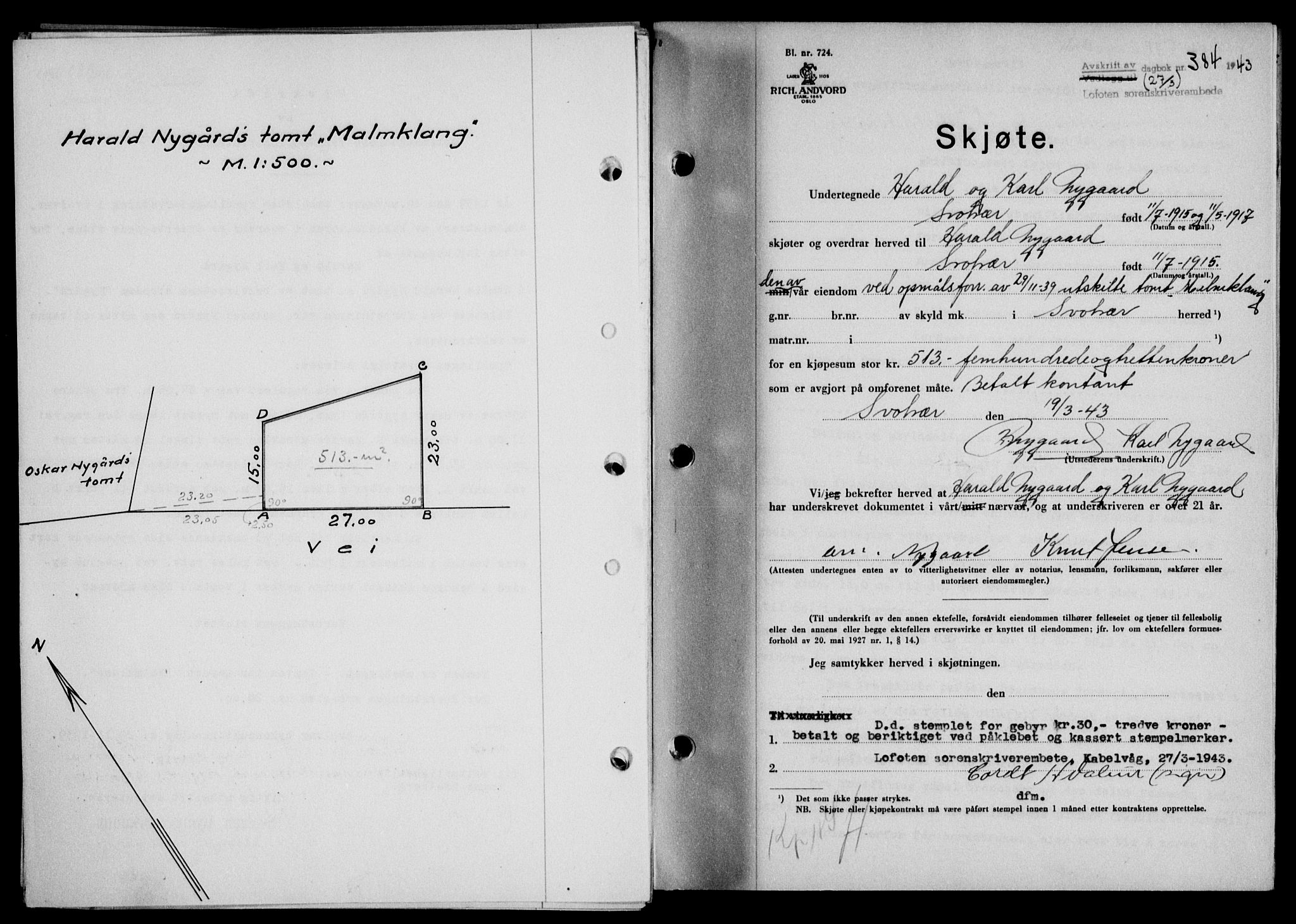 Lofoten sorenskriveri, SAT/A-0017/1/2/2C/L0011a: Mortgage book no. 11a, 1943-1943, Diary no: : 384/1943