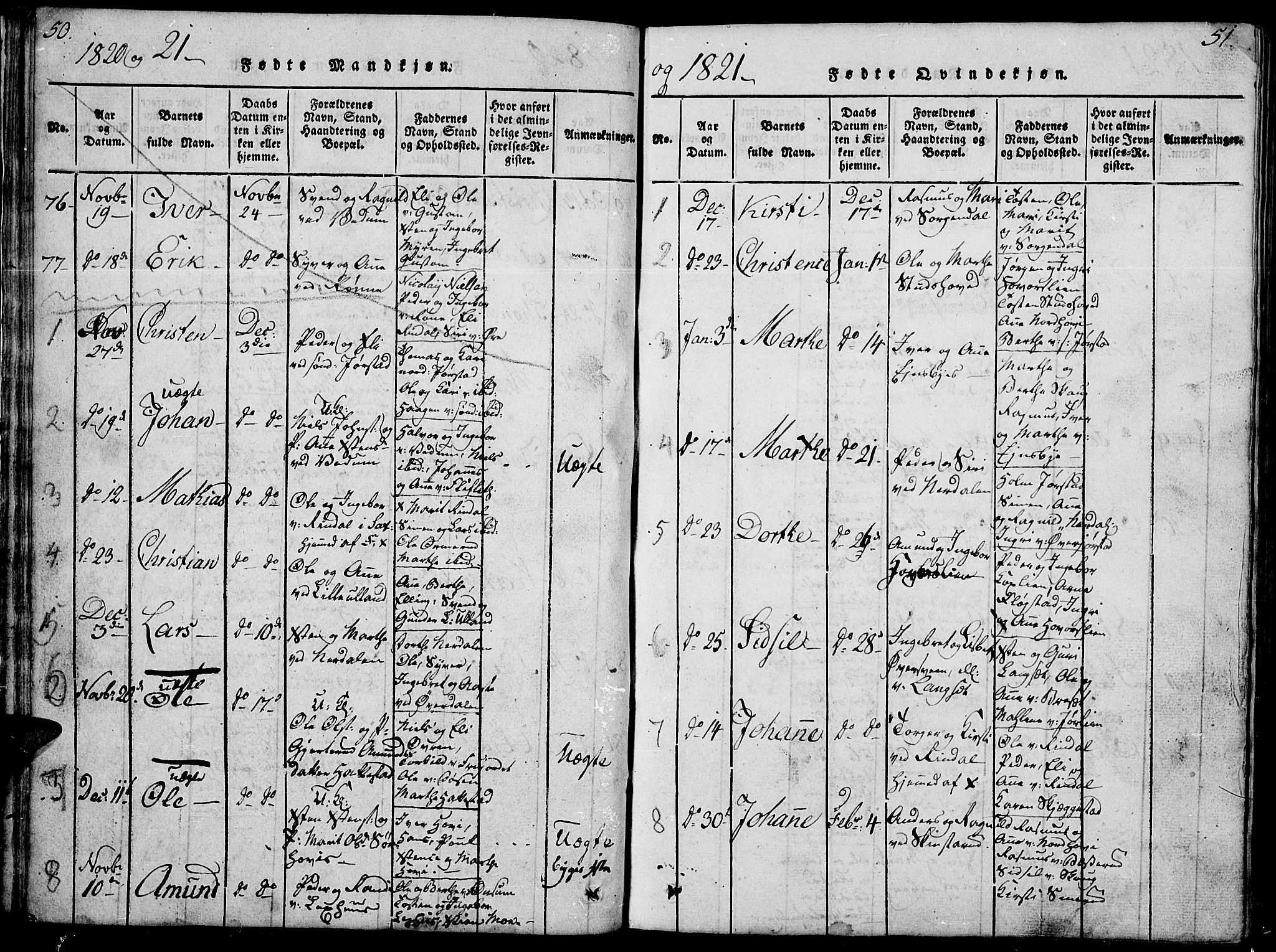 Fåberg prestekontor, SAH/PREST-086/H/Ha/Hab/L0004: Parish register (copy) no. 4, 1818-1837, p. 50-51