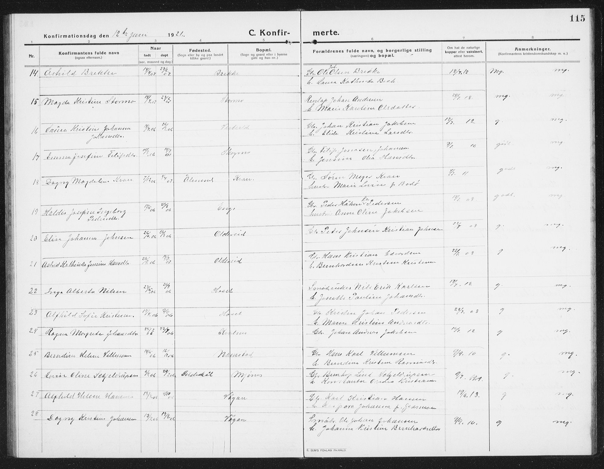 Ministerialprotokoller, klokkerbøker og fødselsregistre - Nordland, AV/SAT-A-1459/852/L0757: Parish register (copy) no. 852C08, 1916-1934, p. 115