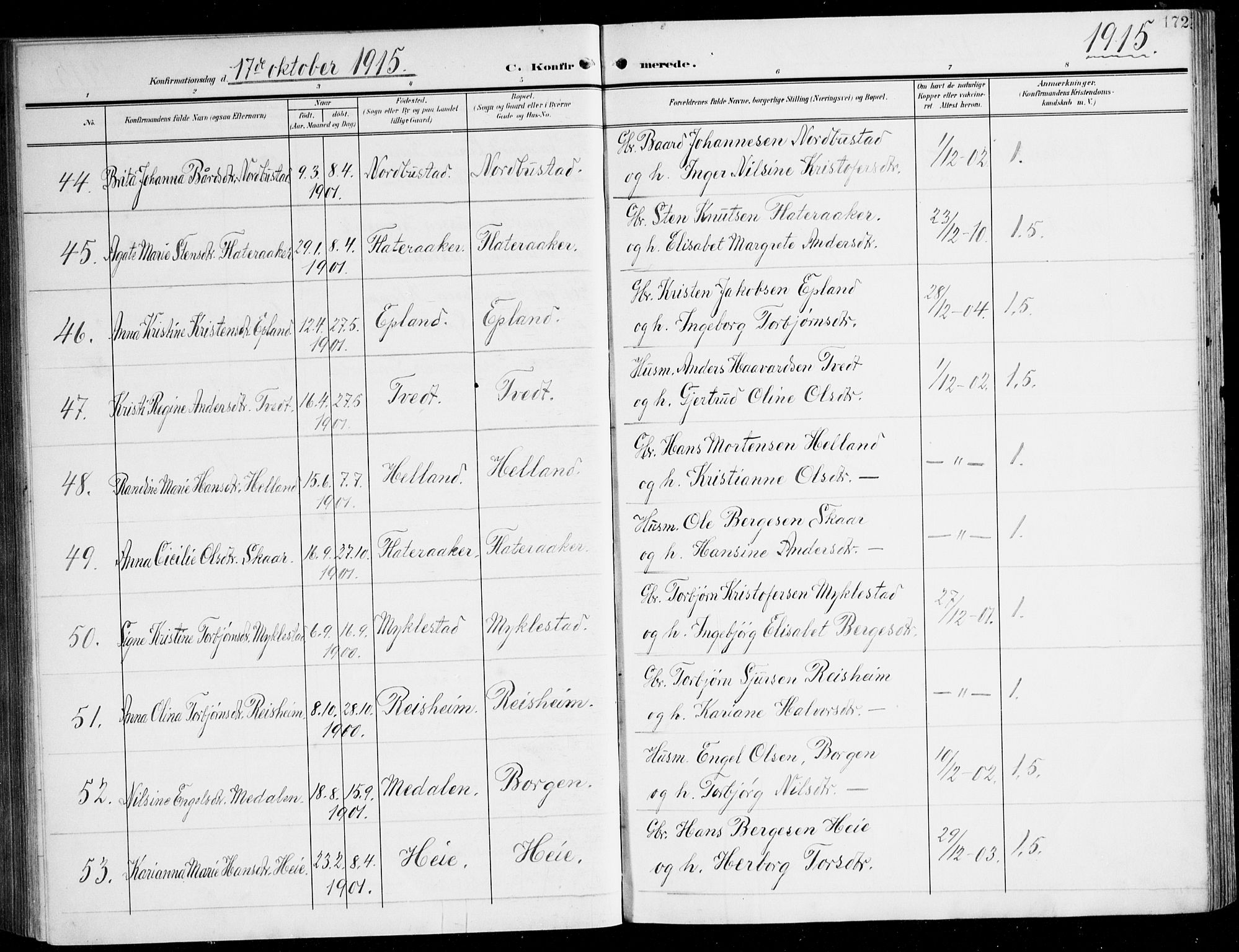 Tysnes sokneprestembete, AV/SAB-A-78601/H/Haa: Parish register (official) no. D 2, 1905-1922, p. 172