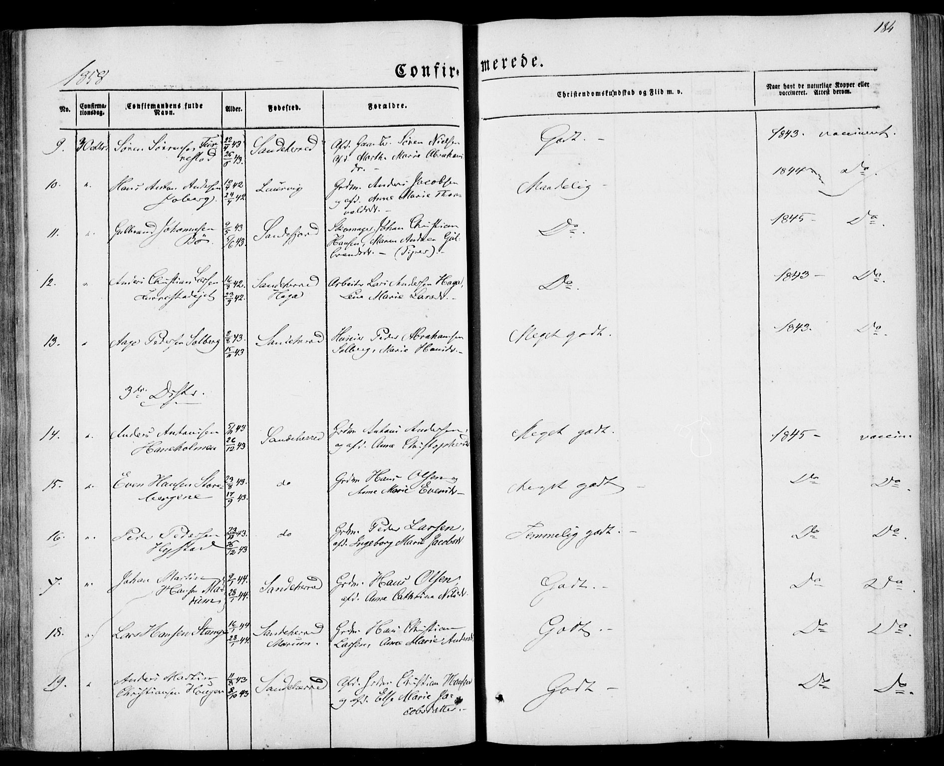 Sandar kirkebøker, SAKO/A-243/F/Fa/L0007: Parish register (official) no. 7, 1855-1861, p. 184