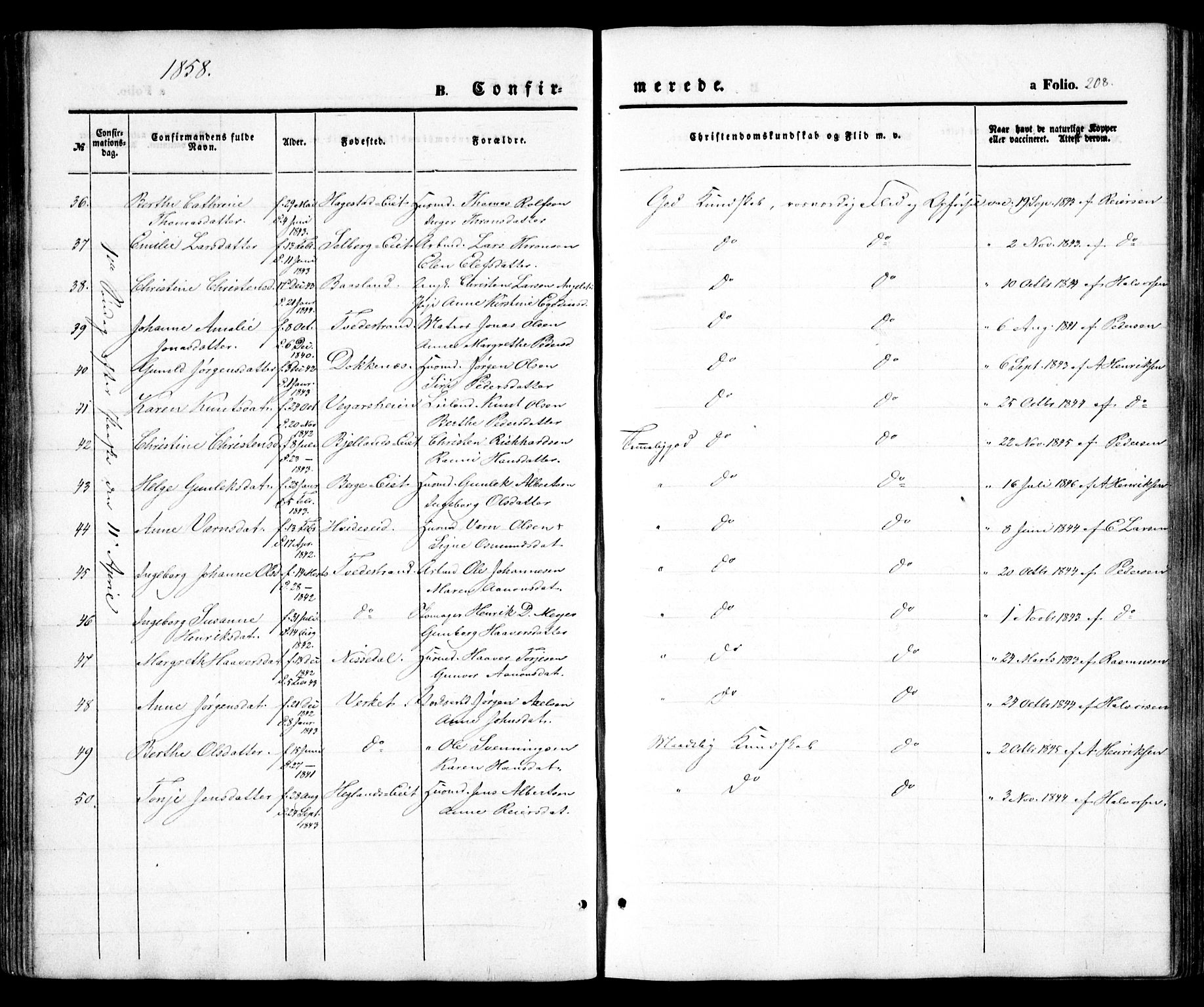 Holt sokneprestkontor, AV/SAK-1111-0021/F/Fa/L0008: Parish register (official) no. A 8, 1849-1860, p. 208