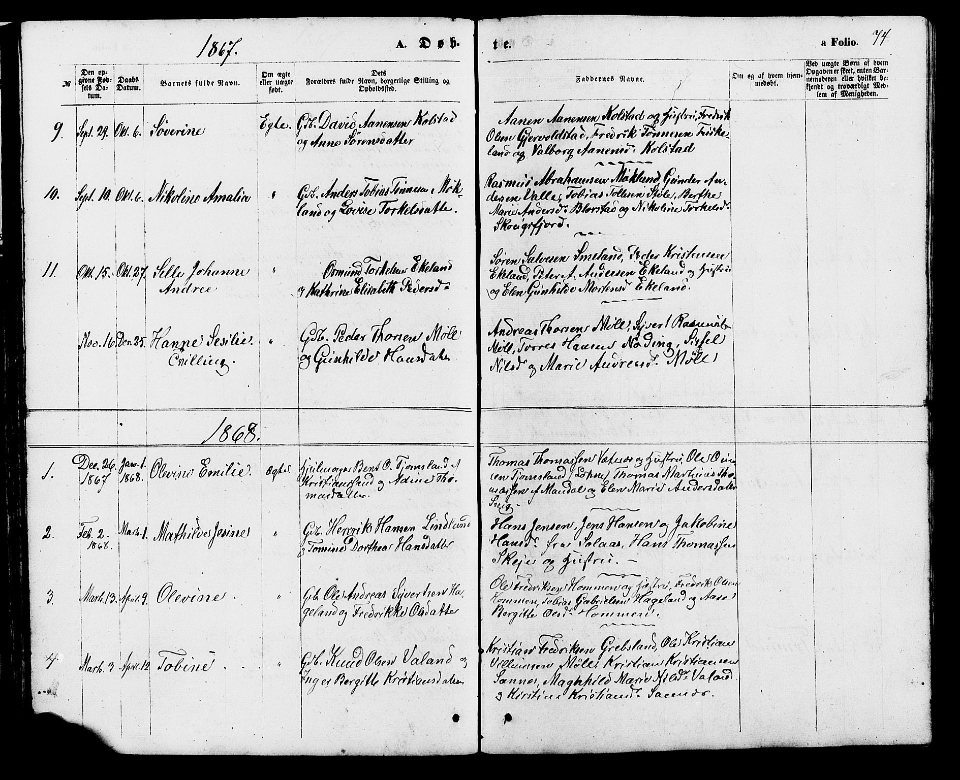 Holum sokneprestkontor, SAK/1111-0022/F/Fb/Fba/L0004: Parish register (copy) no. B 4, 1867-1890, p. 74