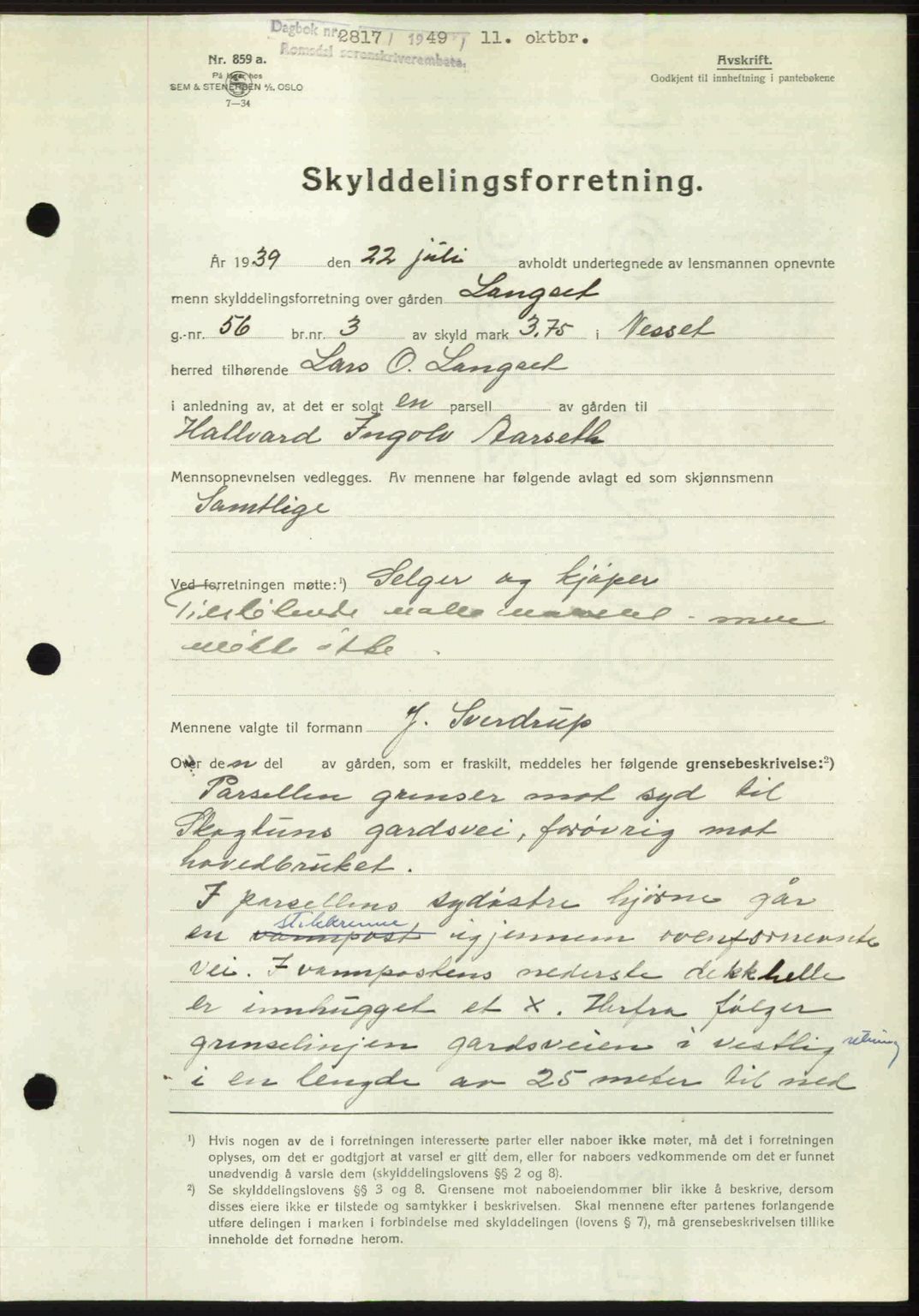 Romsdal sorenskriveri, AV/SAT-A-4149/1/2/2C: Mortgage book no. A31, 1949-1949, Diary no: : 2817/1949