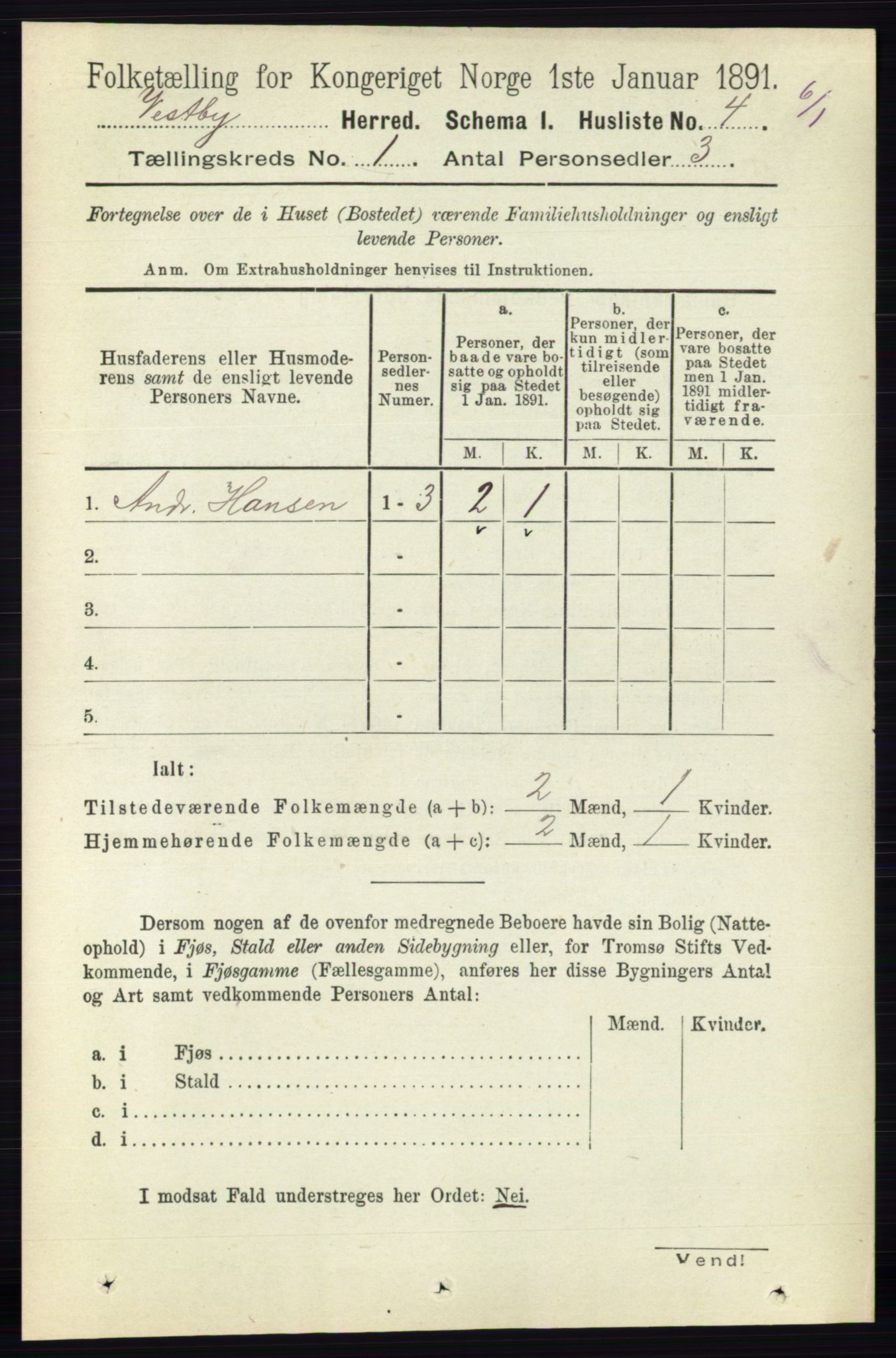 RA, 1891 census for 0211 Vestby, 1891, p. 25