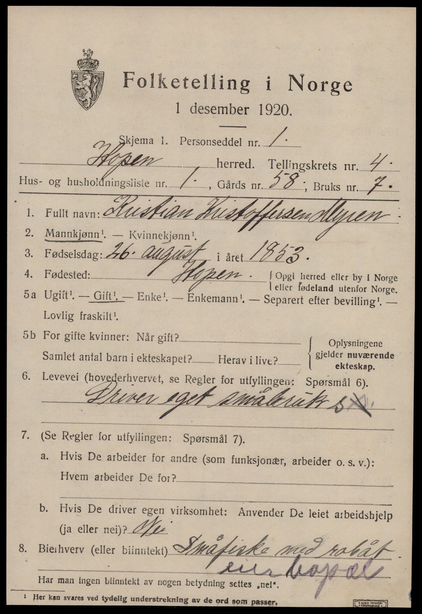 SAT, 1920 census for Hopen, 1920, p. 1996