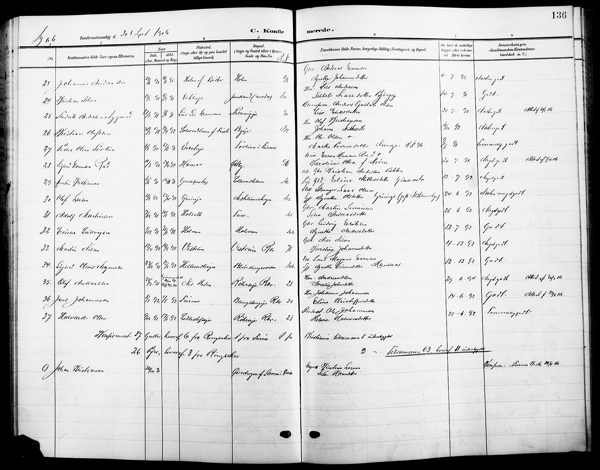 Ringsaker prestekontor, SAH/PREST-014/L/La/L0017: Parish register (copy) no. 17, 1905-1920, p. 136