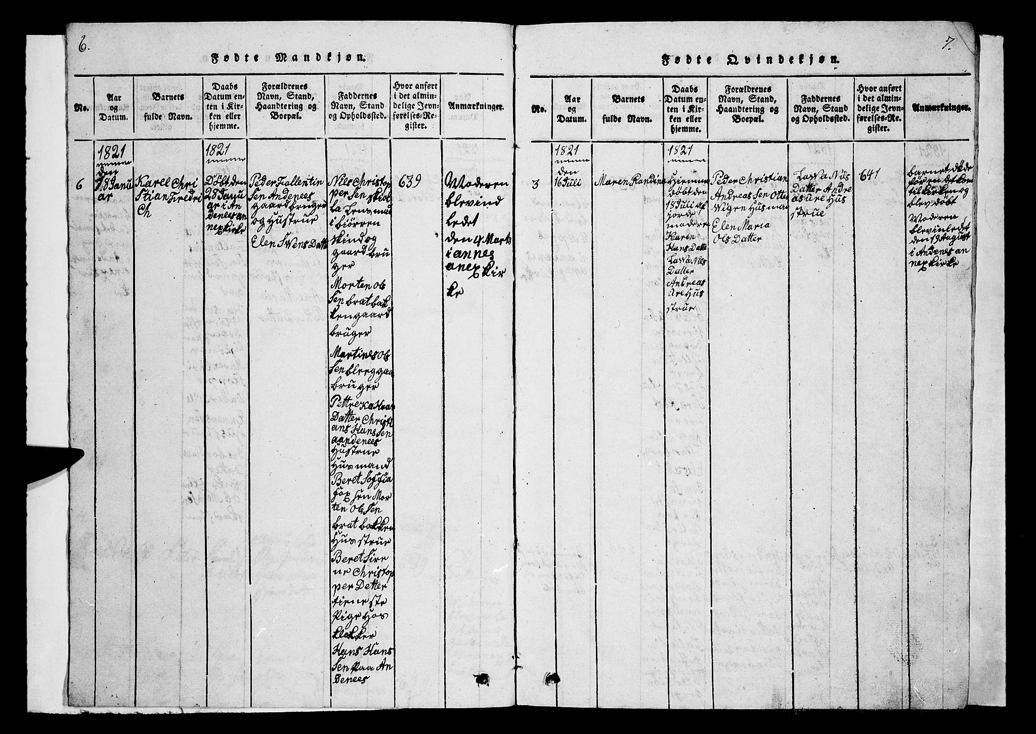 Ministerialprotokoller, klokkerbøker og fødselsregistre - Nordland, AV/SAT-A-1459/899/L1446: Parish register (copy) no. 899C01, 1820-1868, p. 6-7