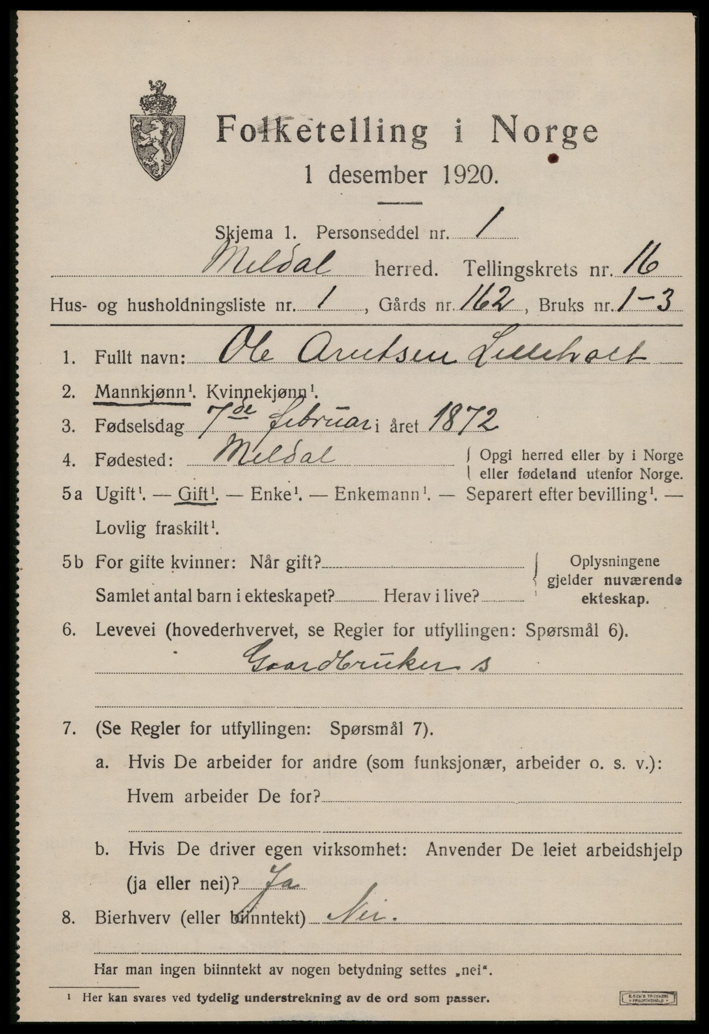 SAT, 1920 census for Meldal, 1920, p. 10829