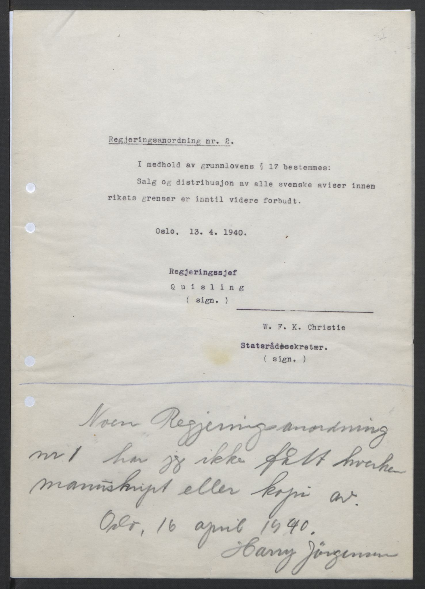 NS-administrasjonen 1940-1945 (Statsrådsekretariatet, de kommisariske statsråder mm), AV/RA-S-4279/D/Db/L0111/0003: Saker fra krigsårene / Journal, 1940-1945, p. 19