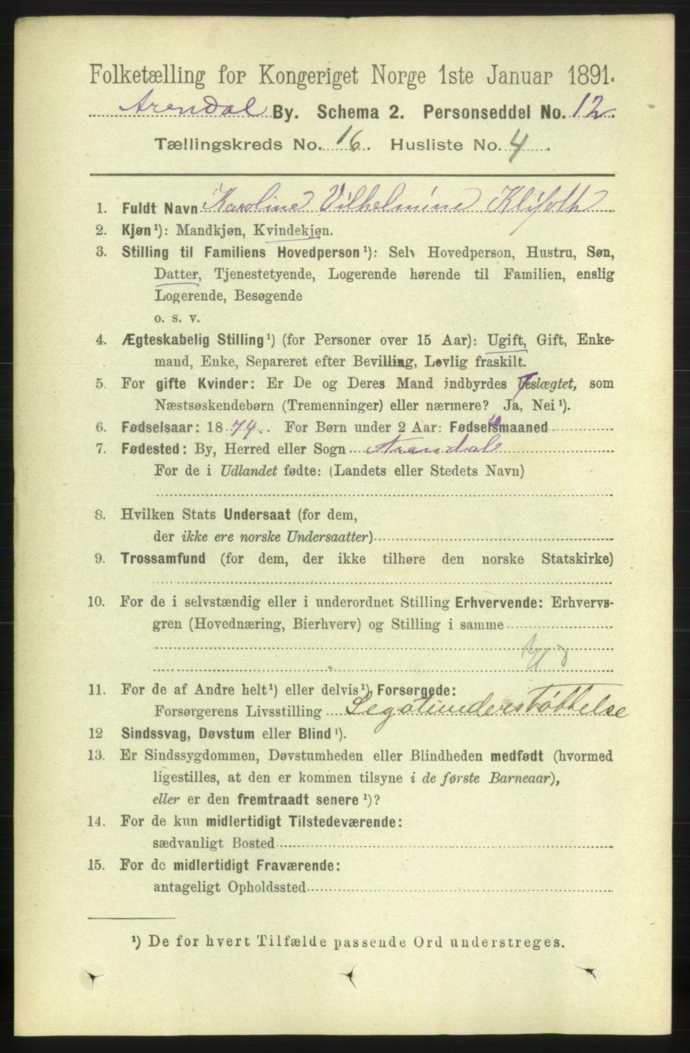 RA, 1891 census for 0903 Arendal, 1891, p. 5398