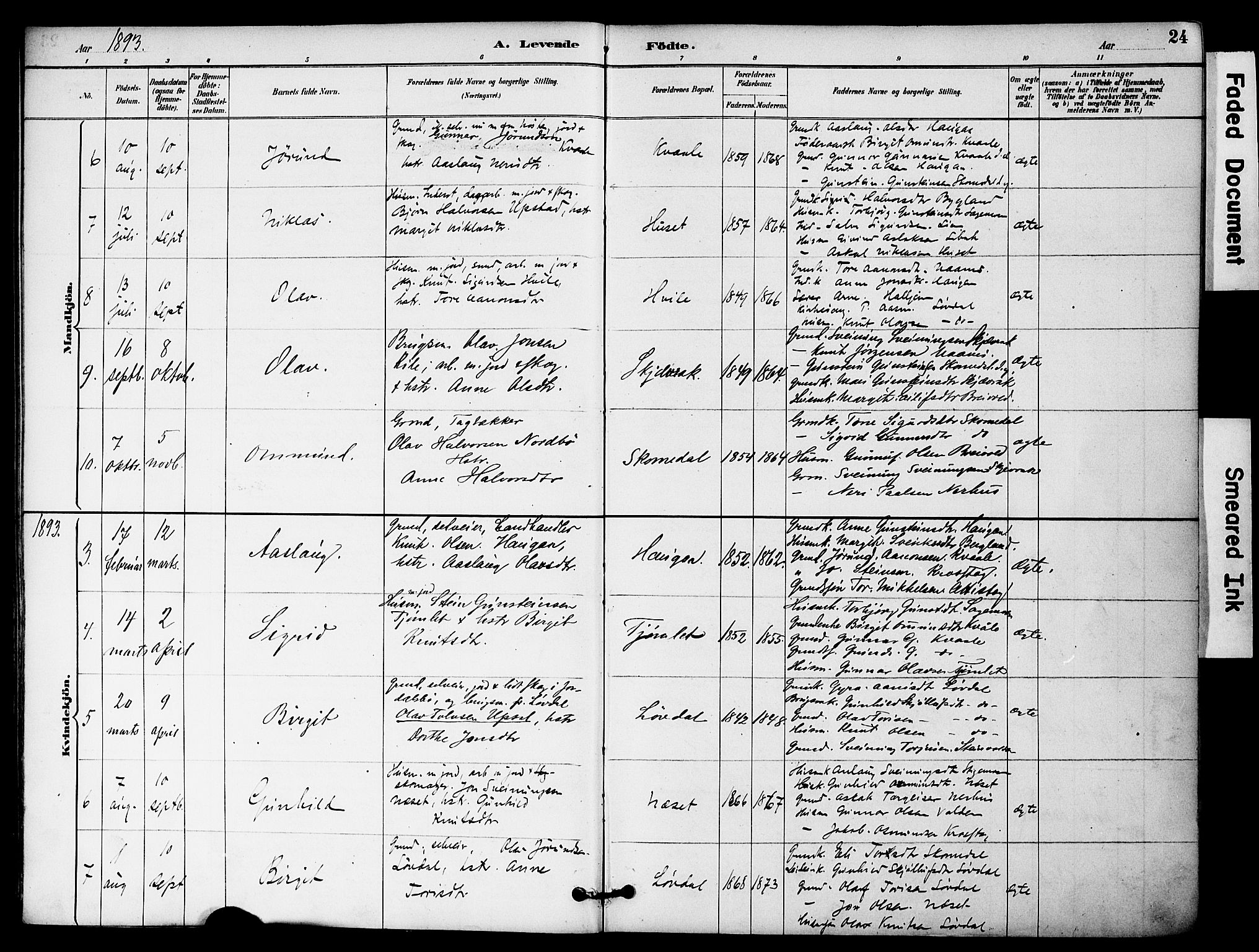 Bygland sokneprestkontor, SAK/1111-0006/F/Fa/Fab/L0007: Parish register (official) no. A 7, 1885-1909, p. 24