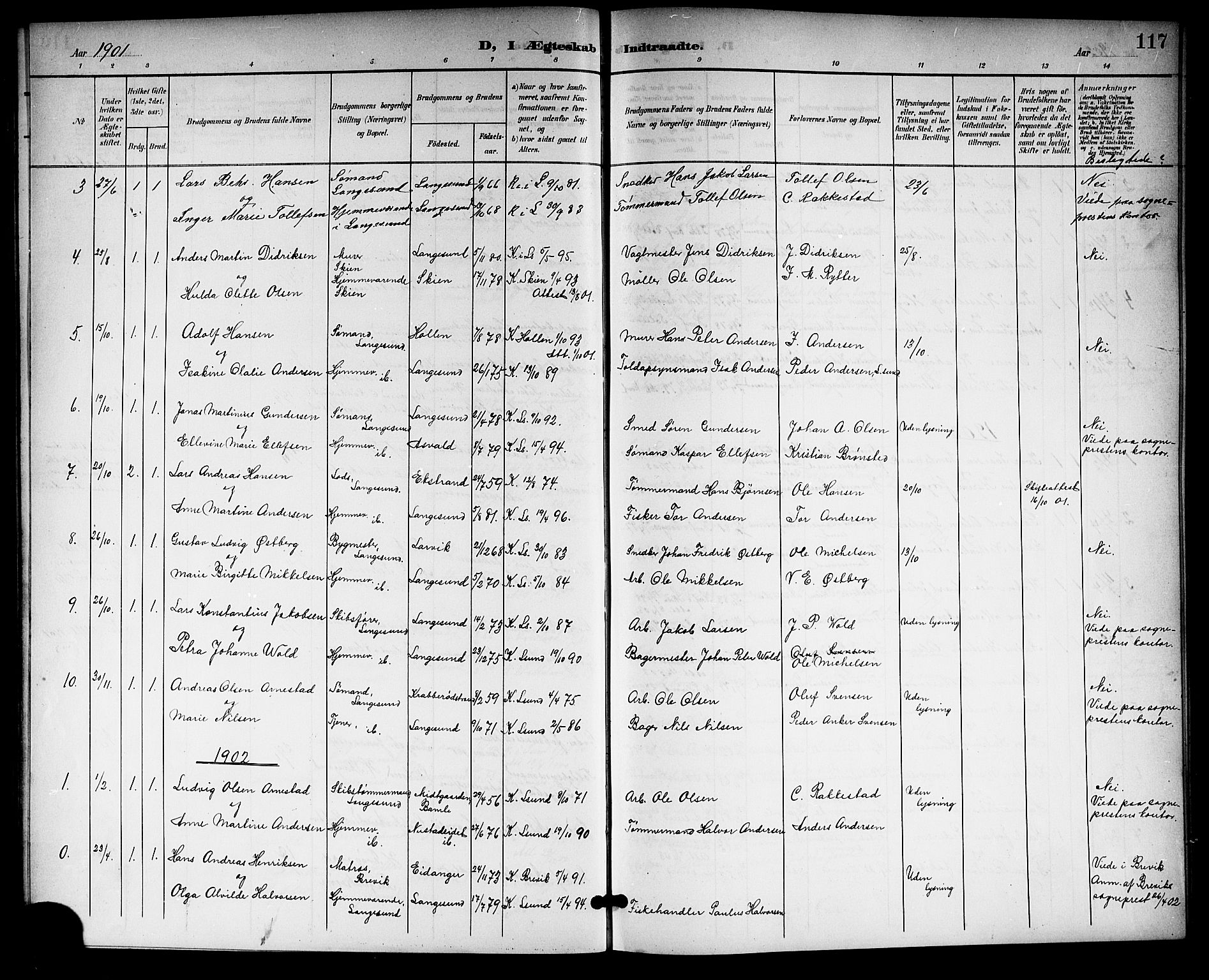 Langesund kirkebøker, SAKO/A-280/G/Ga/L0006: Parish register (copy) no. 6, 1899-1918, p. 117