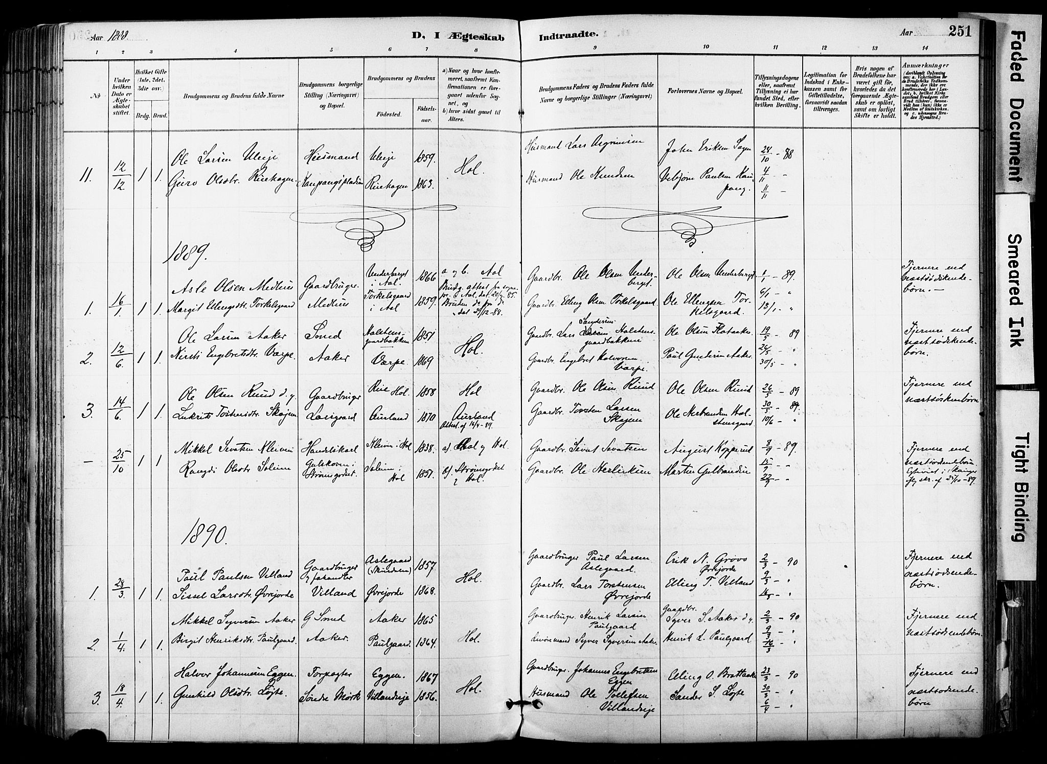 Hol kirkebøker, AV/SAKO-A-227/F/Fa/L0003: Parish register (official) no. I 3, 1887-1918, p. 251