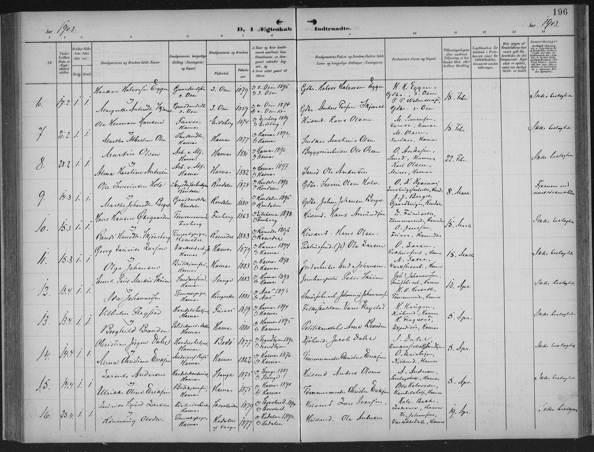 Hamar prestekontor, AV/SAH-DOMPH-002/H/Ha/Haa/L0001: Parish register (official) no. 1, 1900-1914, p. 196