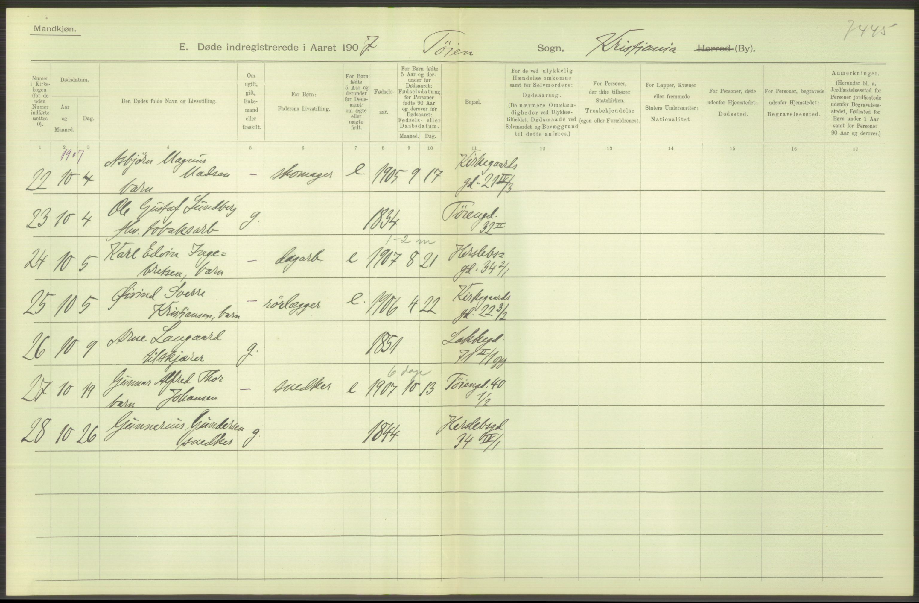 Statistisk sentralbyrå, Sosiodemografiske emner, Befolkning, AV/RA-S-2228/D/Df/Dfa/Dfae/L0009: Kristiania: Døde, 1907, p. 162