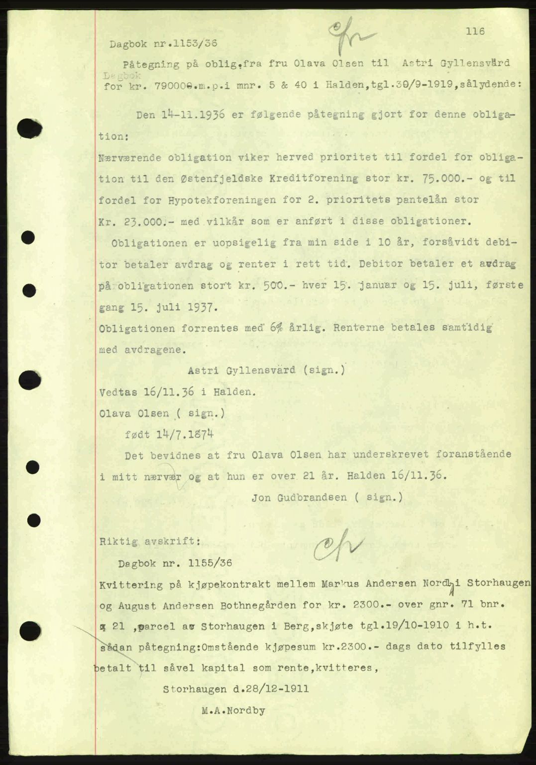 Idd og Marker sorenskriveri, AV/SAO-A-10283/G/Gb/Gbc/L0001: Mortgage book no. B1-3, 1936-1939, Diary no: : 1153/1936