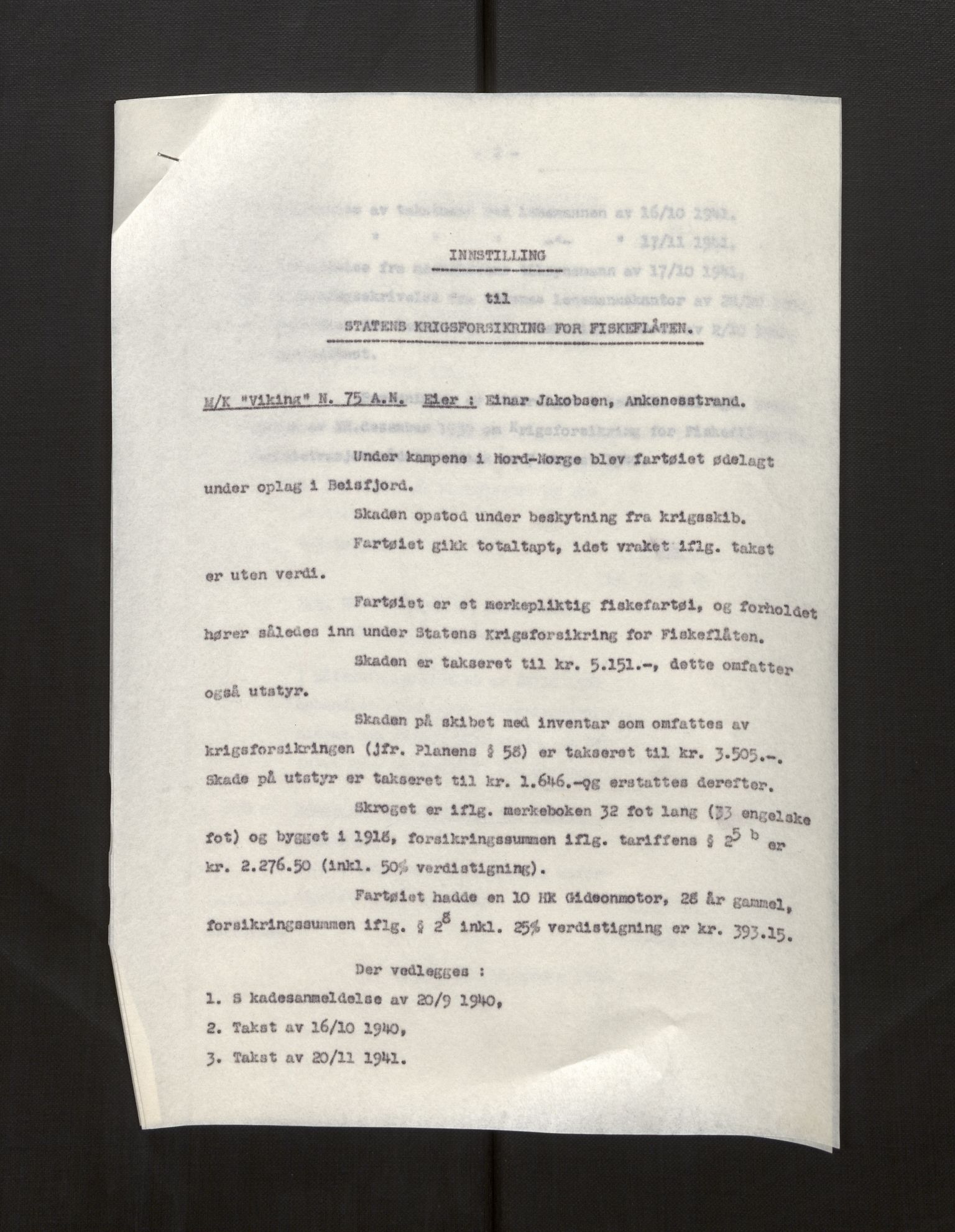 Fiskeridirektoratet - 1 Adm. ledelse - 13 Båtkontoret, AV/SAB-A-2003/La/L0008: Statens krigsforsikring for fiskeflåten, 1936-1971, p. 62