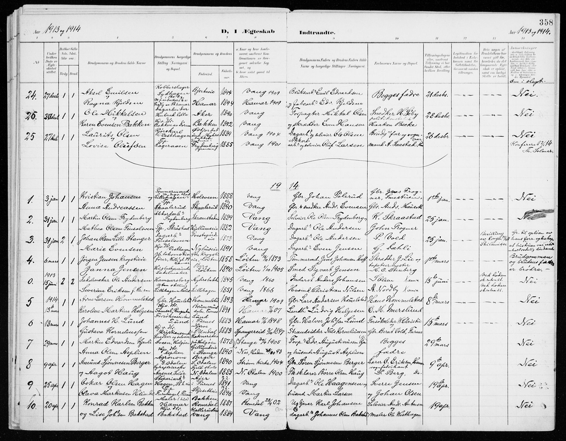 Vang prestekontor, Hedmark, SAH/PREST-008/H/Ha/Haa/L0021: Parish register (official) no. 21, 1902-1917, p. 358