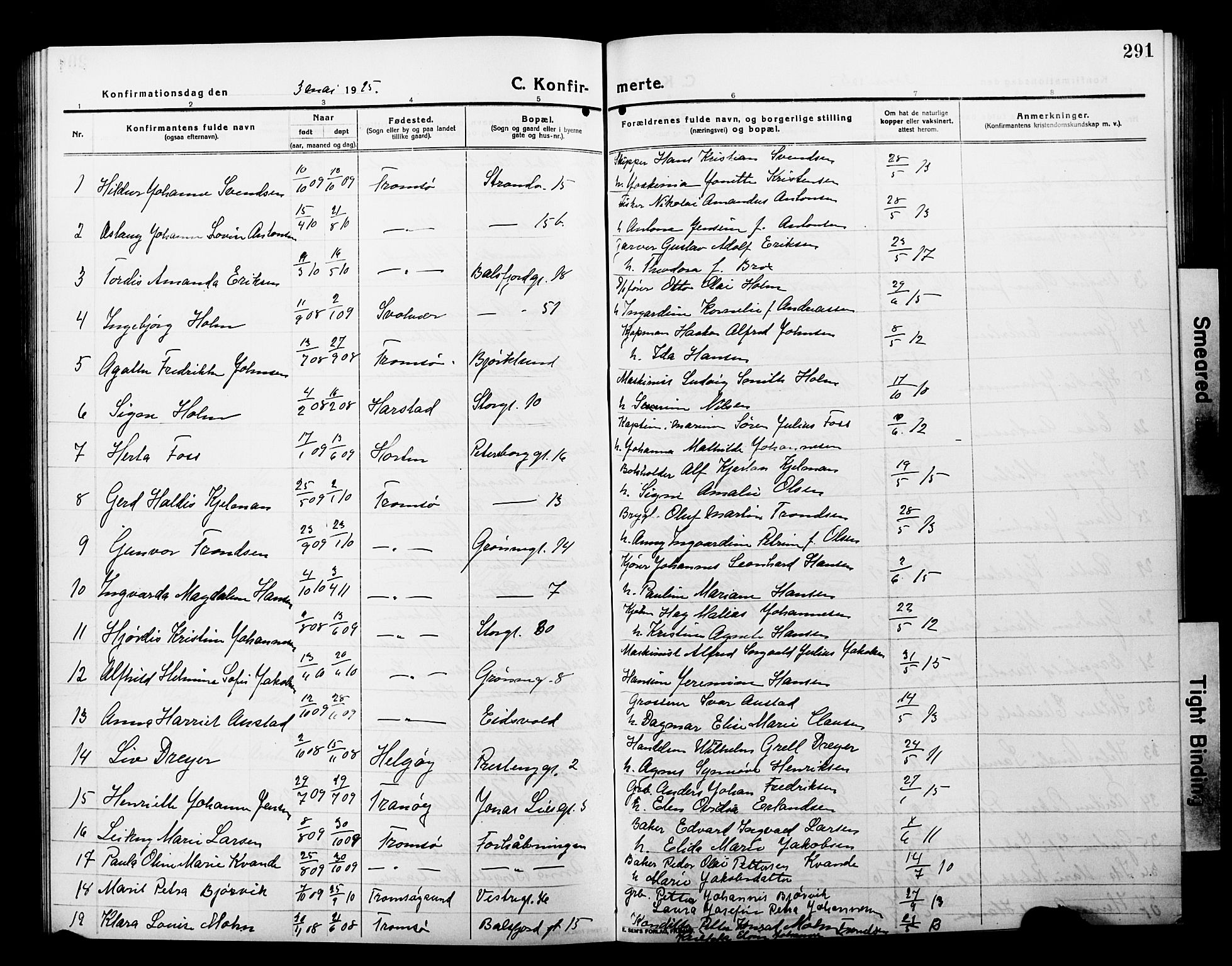 Tromsø sokneprestkontor/stiftsprosti/domprosti, SATØ/S-1343/G/Gb/L0009klokker: Parish register (copy) no. 9, 1915-1925, p. 291