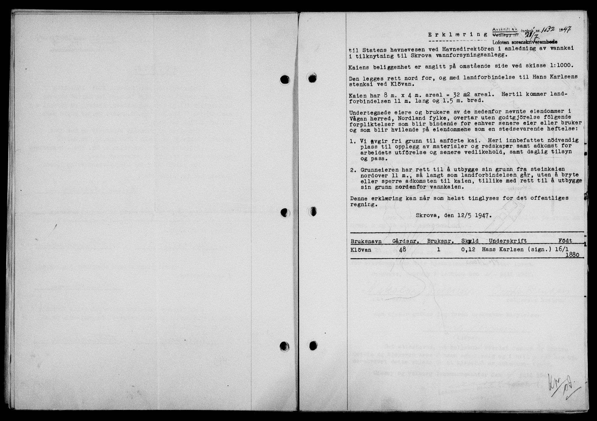 Lofoten sorenskriveri, SAT/A-0017/1/2/2C/L0016a: Mortgage book no. 16a, 1947-1947, Diary no: : 1132/1947