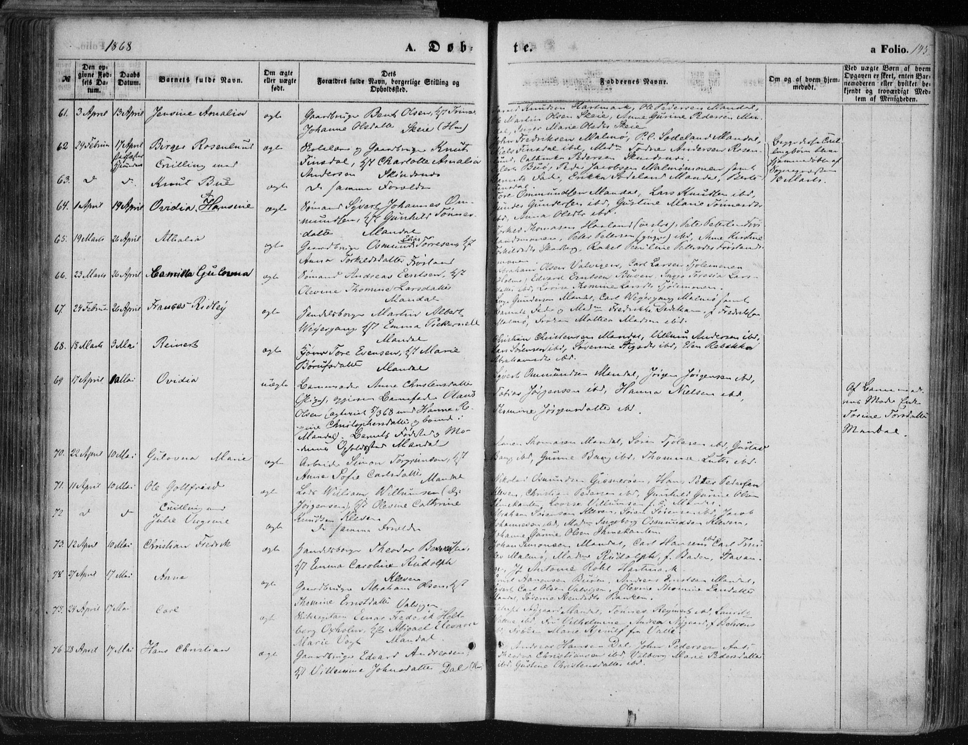 Mandal sokneprestkontor, AV/SAK-1111-0030/F/Fa/Faa/L0014: Parish register (official) no. A 14, 1859-1872, p. 145