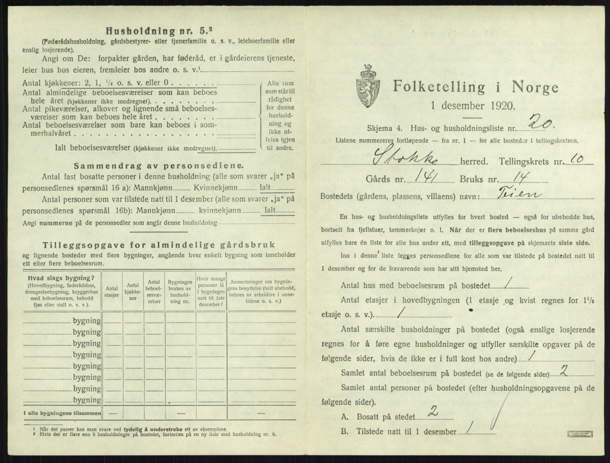 SAKO, 1920 census for Stokke, 1920, p. 1858