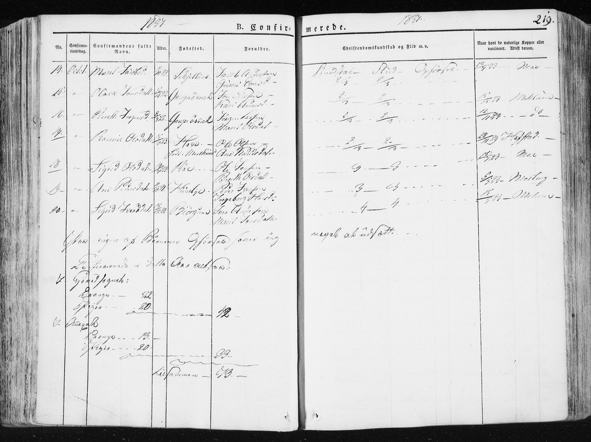 Ministerialprotokoller, klokkerbøker og fødselsregistre - Sør-Trøndelag, SAT/A-1456/665/L0771: Parish register (official) no. 665A06, 1830-1856, p. 219